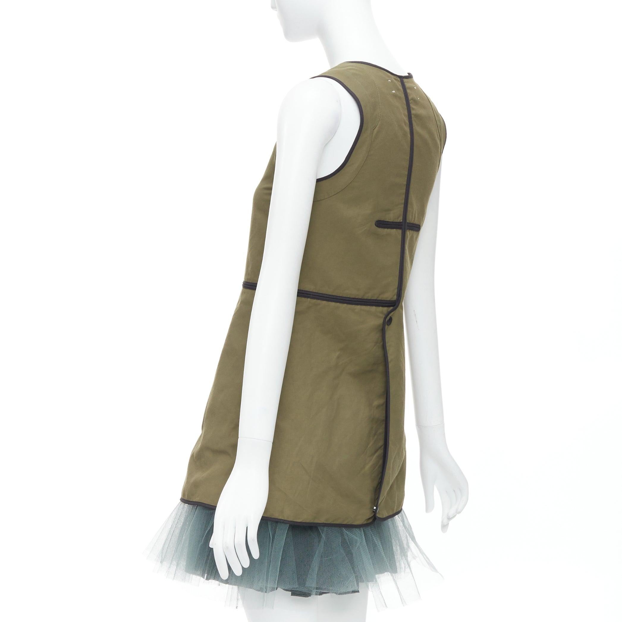 MARNI 2011 khaki utility cutout vest green tulle hem mini dress IT36 XXS For Sale 1