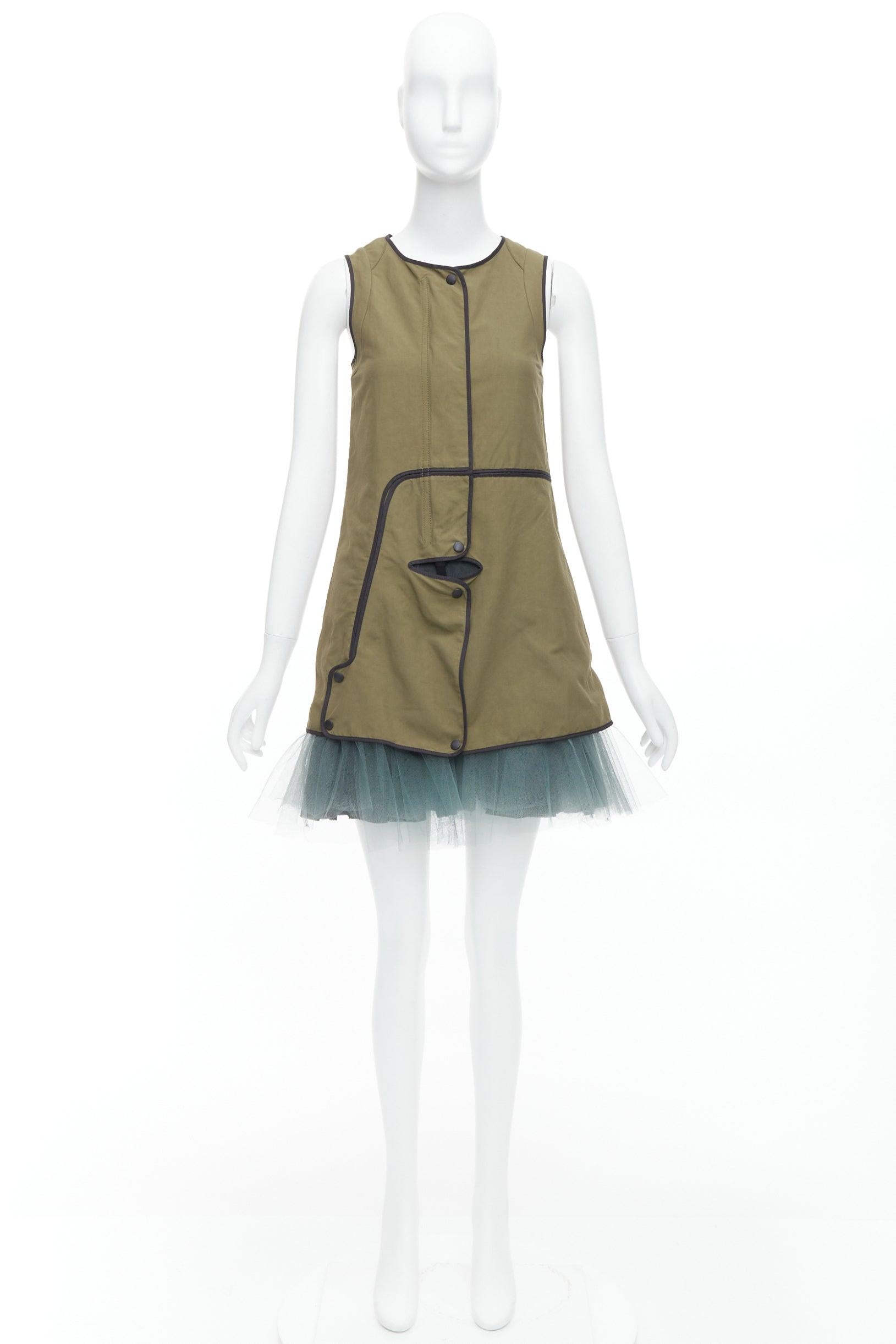 MARNI 2011 khaki utility cutout vest green tulle hem mini dress IT36 XXS For Sale 4