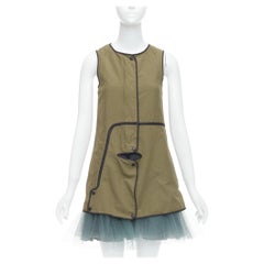 MARNI 2011 khaki utility cutout vest green tulle hem mini dress IT36 XXS