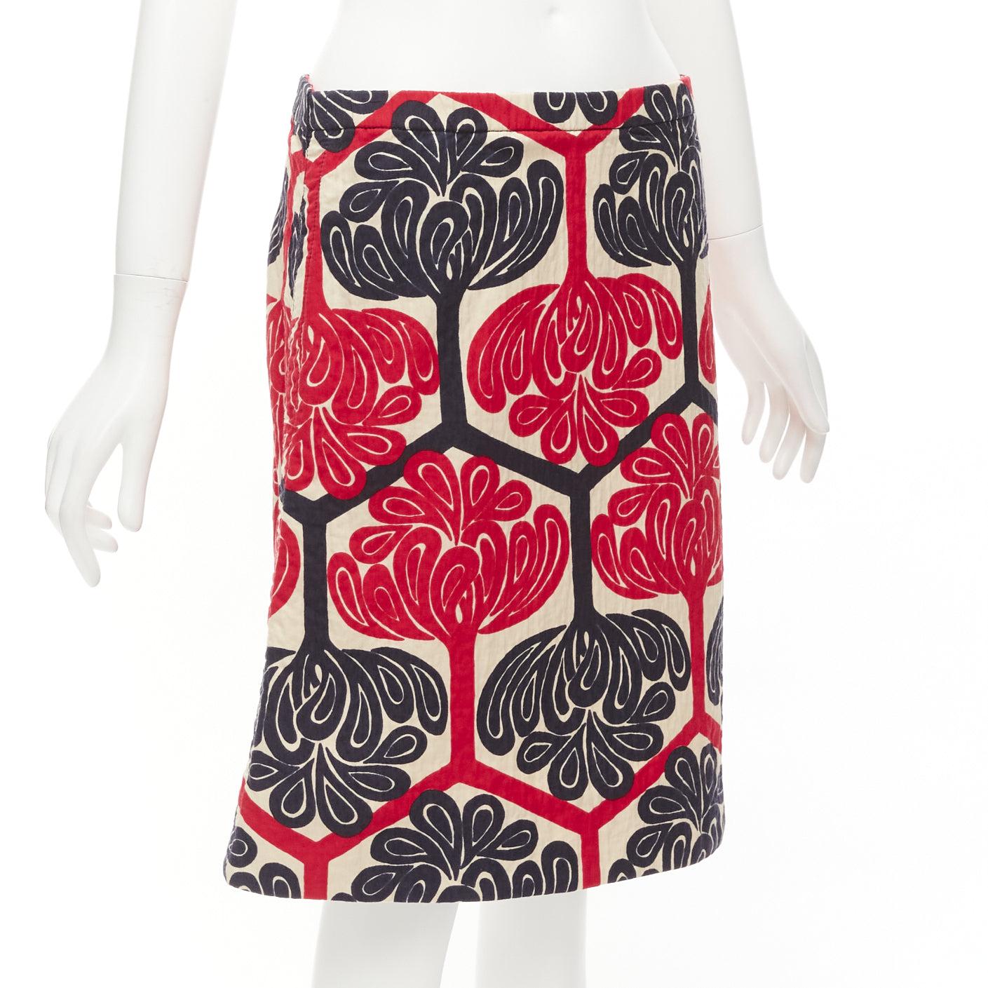 MARNI 2011 red navy cream ethnic print cotton Aline knee skirt IT38 XS In Excellent Condition For Sale In Hong Kong, NT