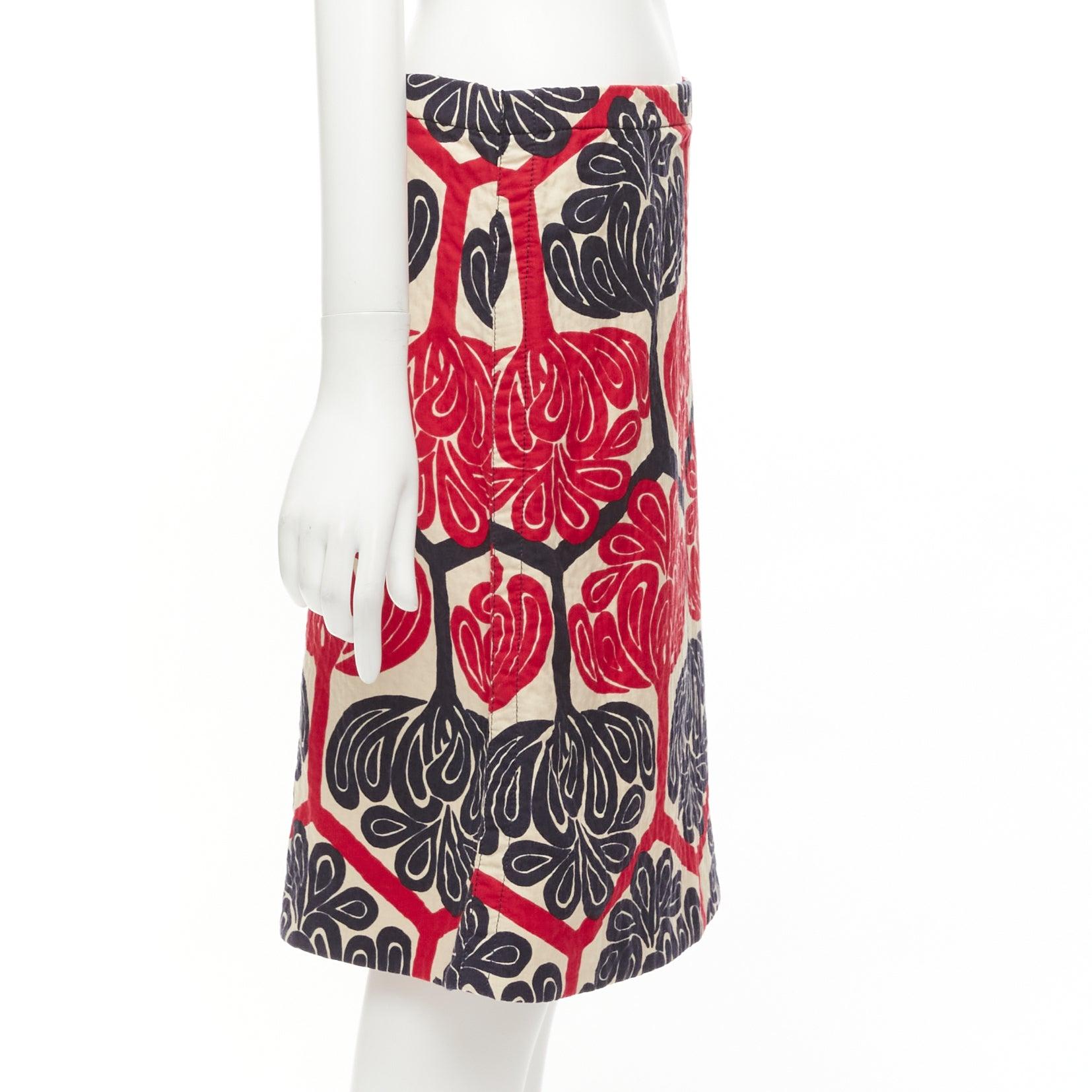 Women's MARNI 2011 red navy cream ethnic print cotton Aline knee skirt IT38 XS For Sale