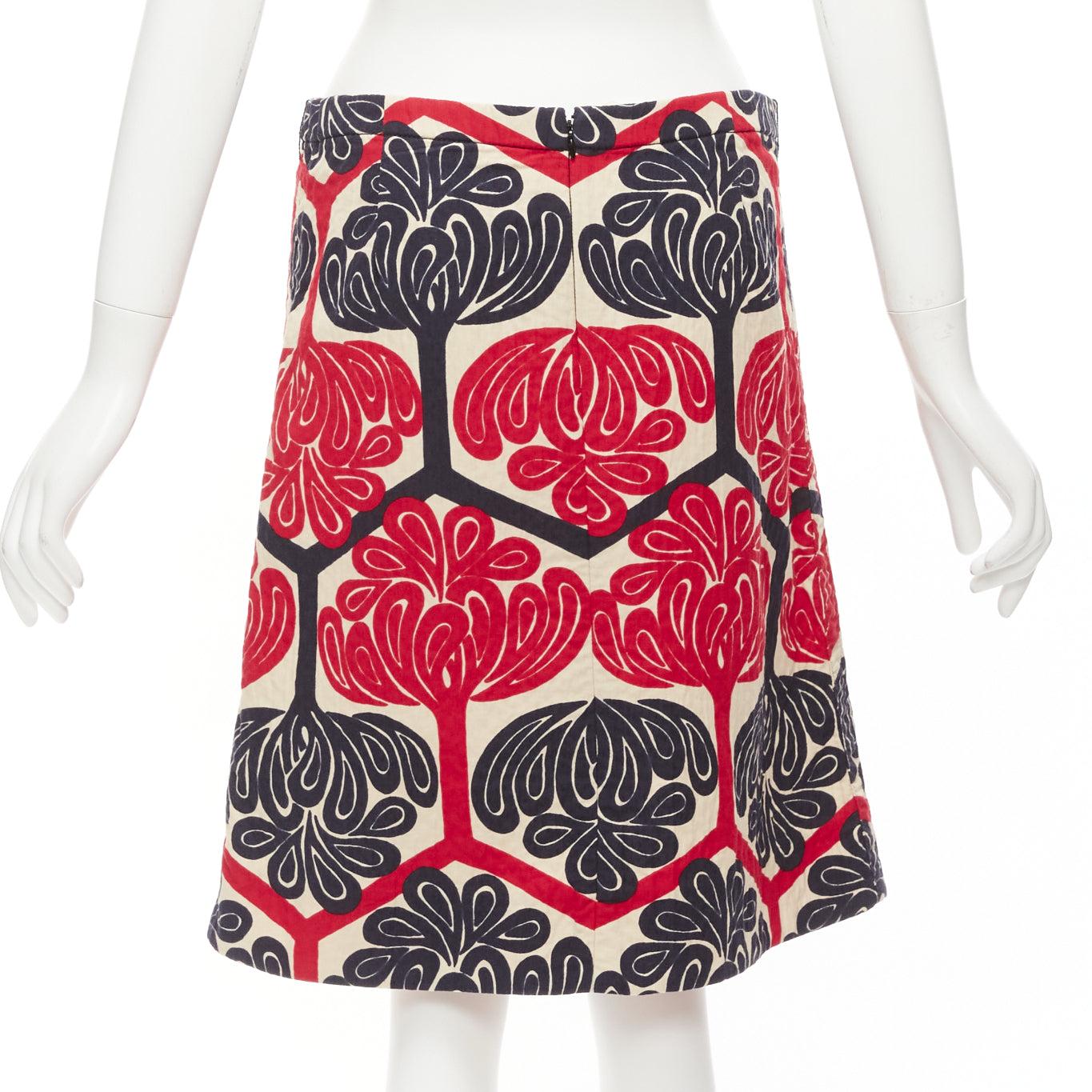 MARNI 2011 red navy cream ethnic print cotton Aline knee skirt IT38 XS For Sale 1