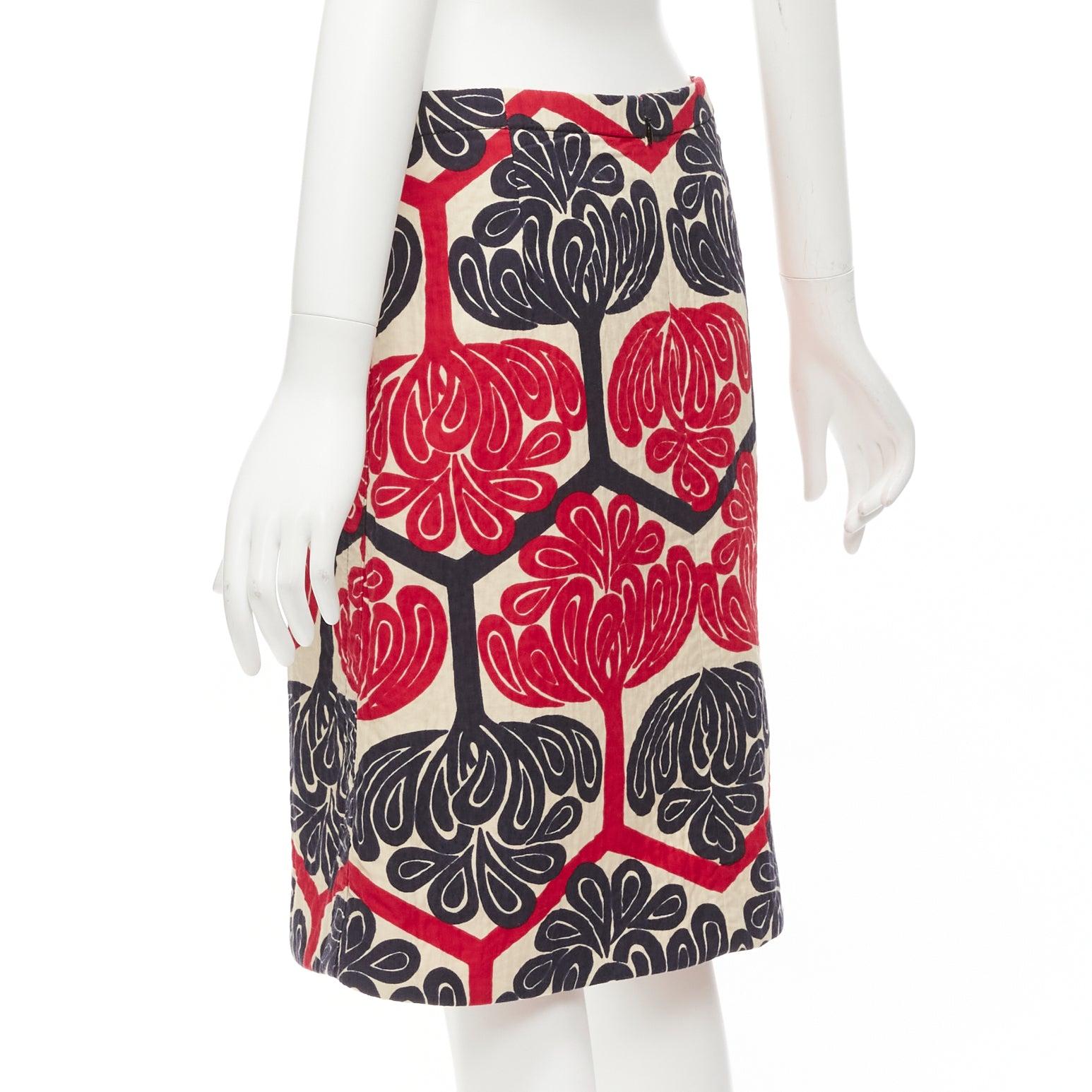 MARNI 2011 rouge marine crème imprimé ethnique coton Aline jupe genou IT38 XS en vente 1