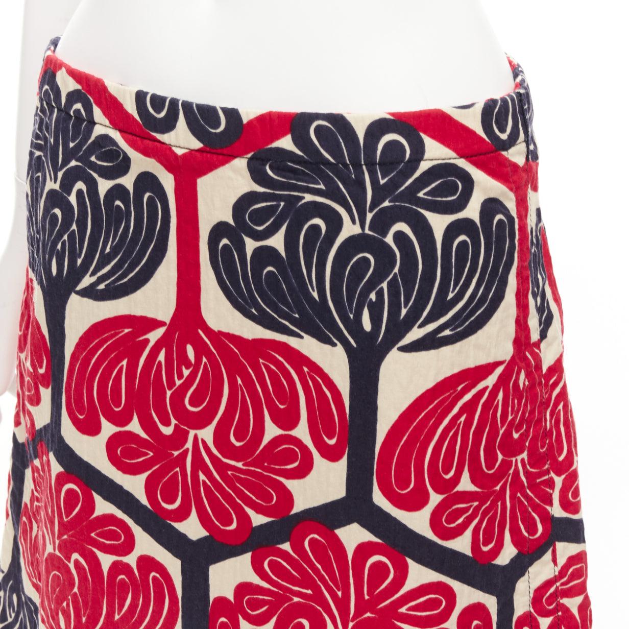 MARNI 2011 red navy cream ethnic print cotton Aline knee skirt IT38 XS For Sale 3