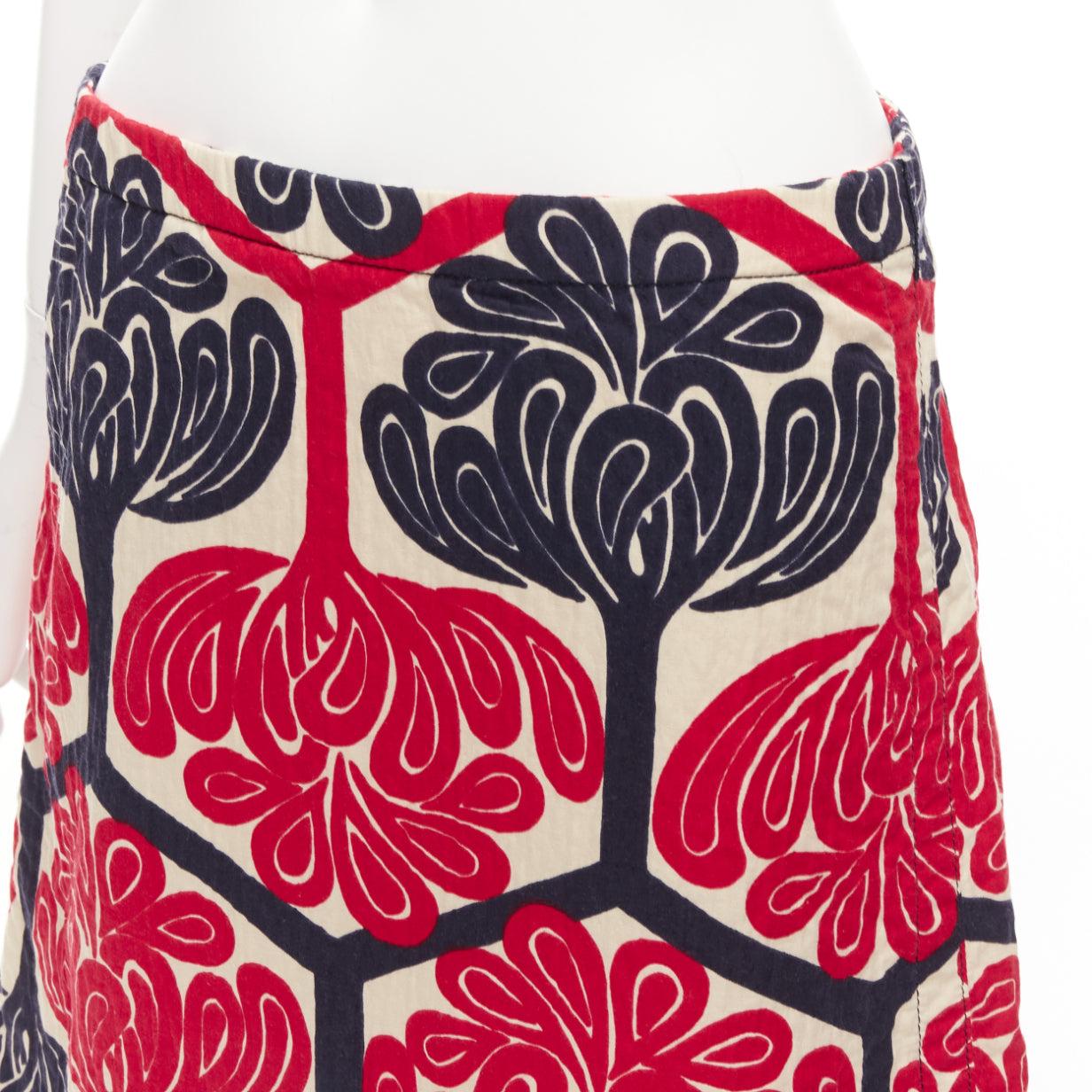 MARNI 2011 rouge marine crème imprimé ethnique coton Aline jupe genou IT38 XS en vente 2
