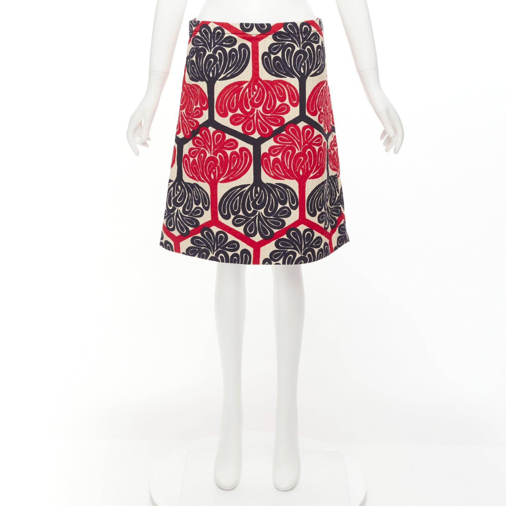 MARNI 2011 red navy cream ethnic print cotton Aline knee skirt IT38 XS For Sale 5