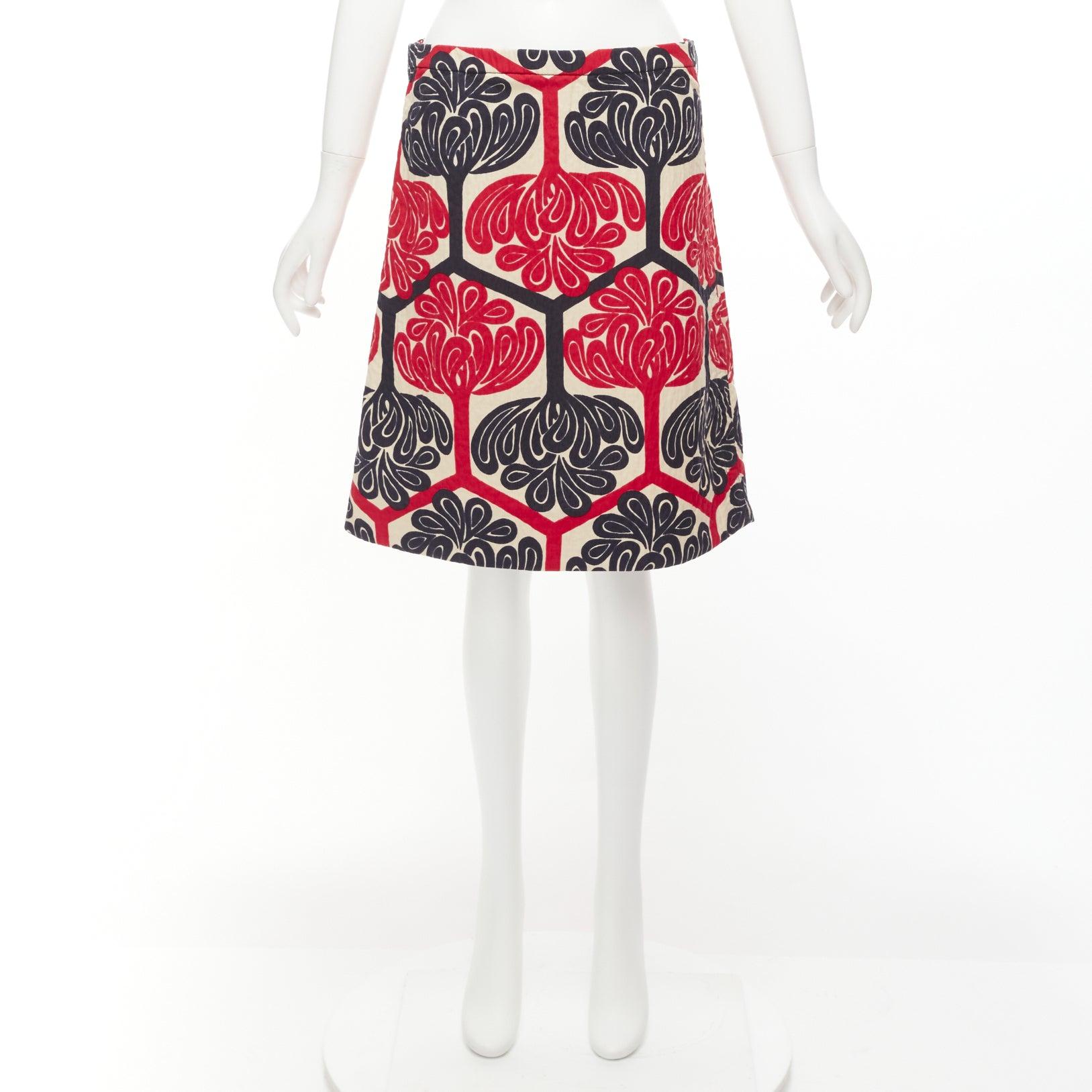 MARNI 2011 rouge marine crème imprimé ethnique coton Aline jupe genou IT38 XS en vente 4