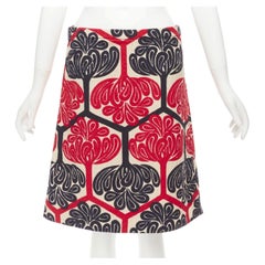 MARNI 2011 red navy cream ethnic print cotton Aline knee skirt IT38 XS
