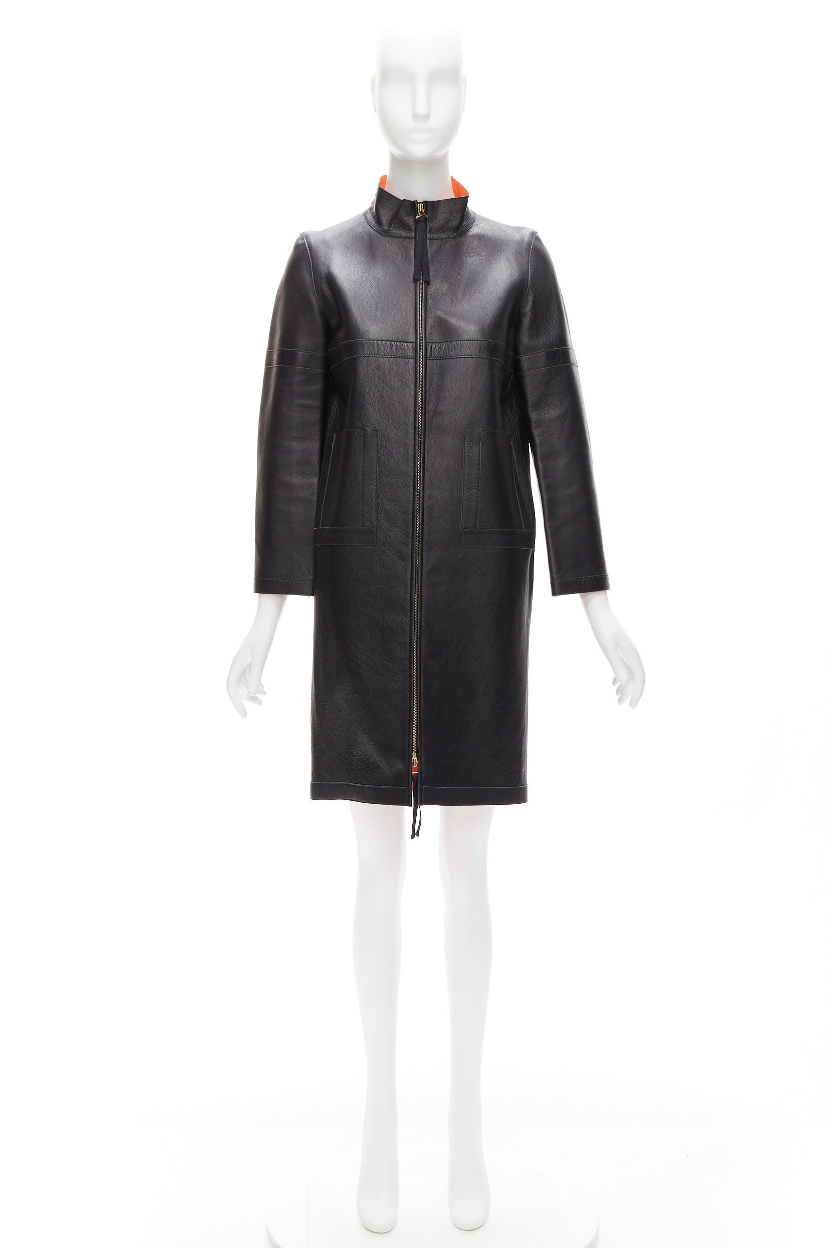 MARNI 2012 black lambskin leather orange lined longline high collar coat IT38 XS 5