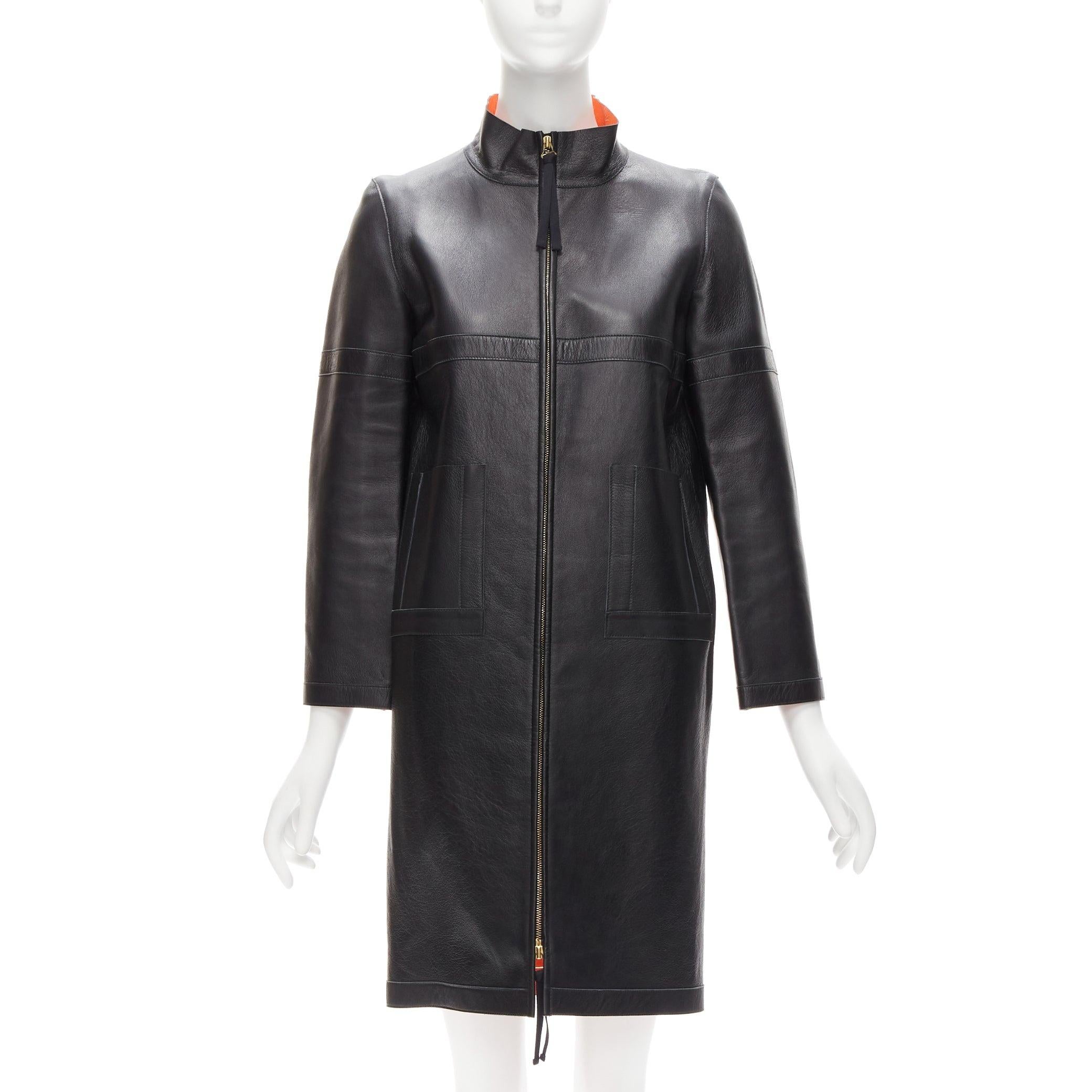 Black MARNI 2012 black lambskin leather orange lined longline high collar coat IT38 XS