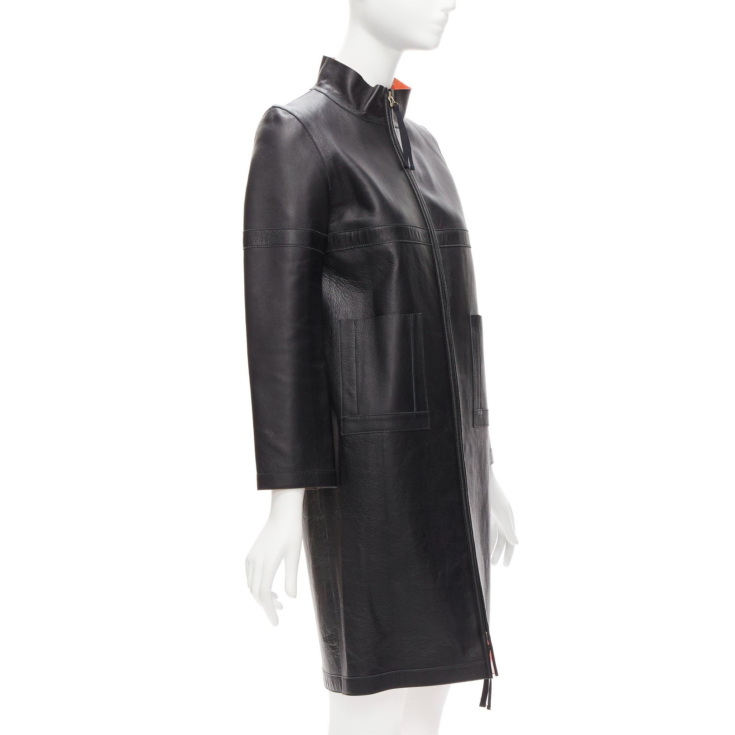 MARNI 2012 black lambskin leather orange lined longline high collar coat IT38 XS In Excellent Condition In Hong Kong, NT