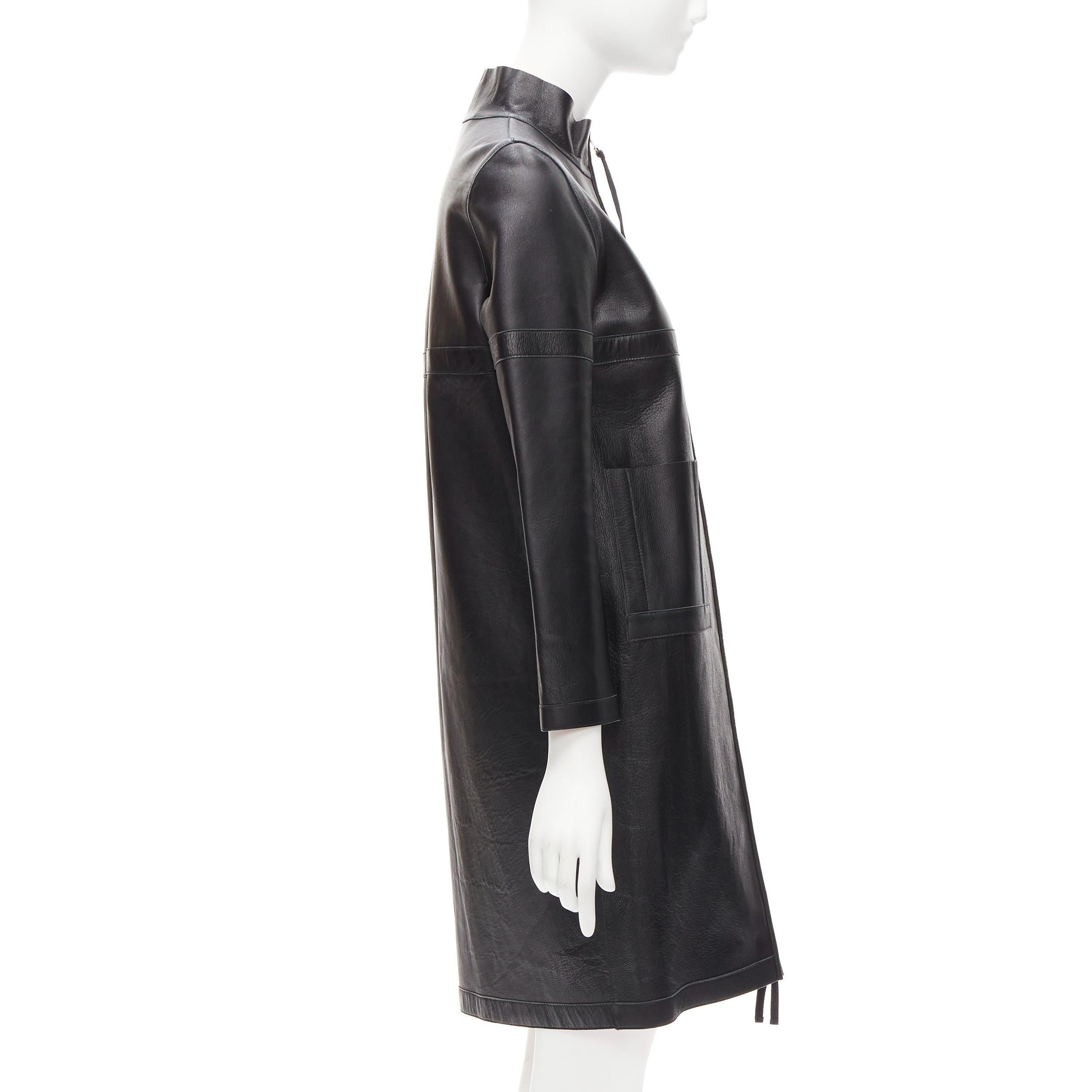 Women's MARNI 2012 black lambskin leather orange lined longline high collar coat IT38 XS