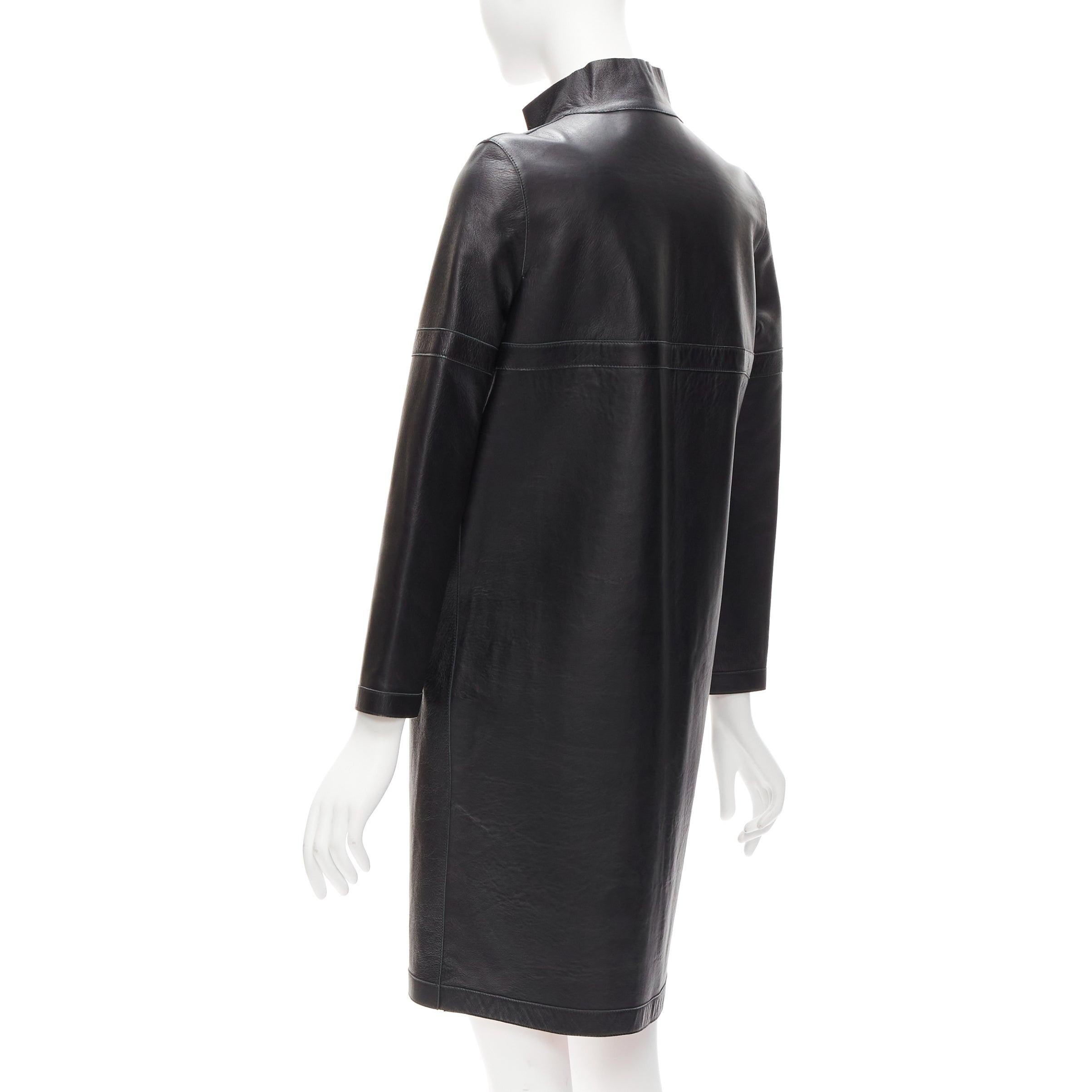 MARNI 2012 black lambskin leather orange lined longline high collar coat IT38 XS 2