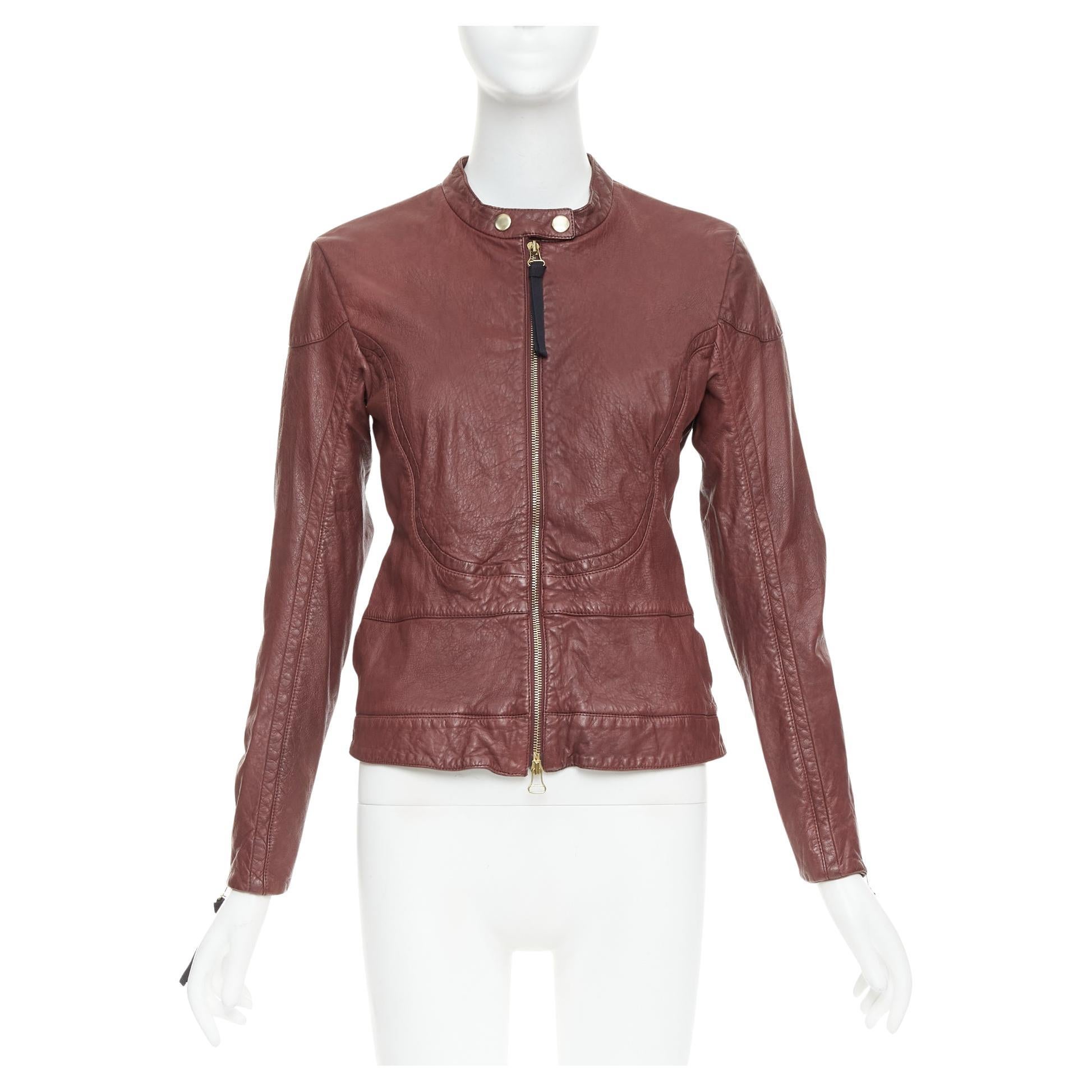 MARNI 2012 burgundy crinkled lamb leather wool lining moto biker jacket IT42 M