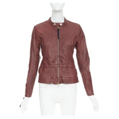 MARNI 2012 burgundy crinkled lamb leather wool lining moto biker jacket IT42 M