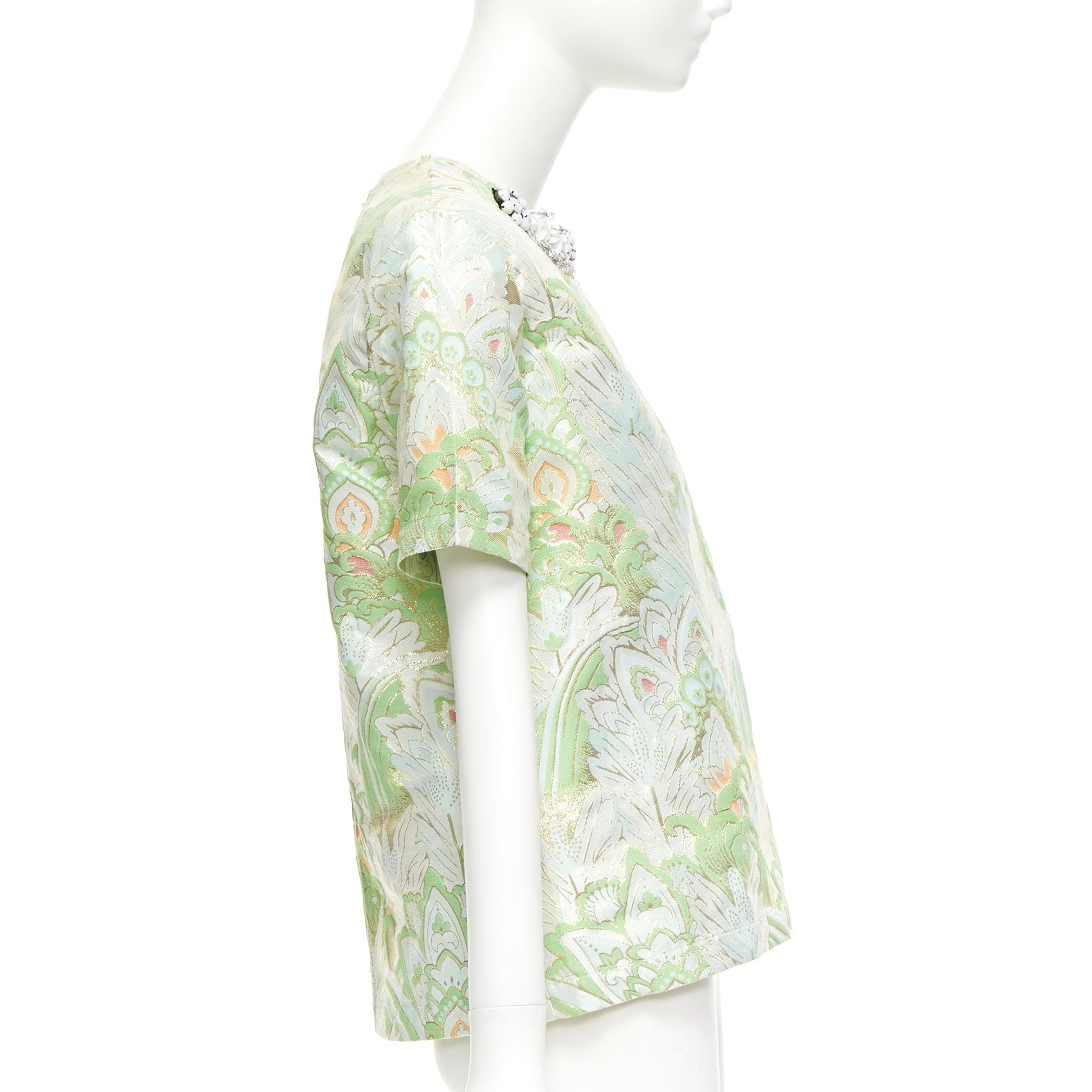 MARNI 2012 green paisley jacquard bead embellished collar boxy top IT38 XS In Excellent Condition For Sale In Hong Kong, NT