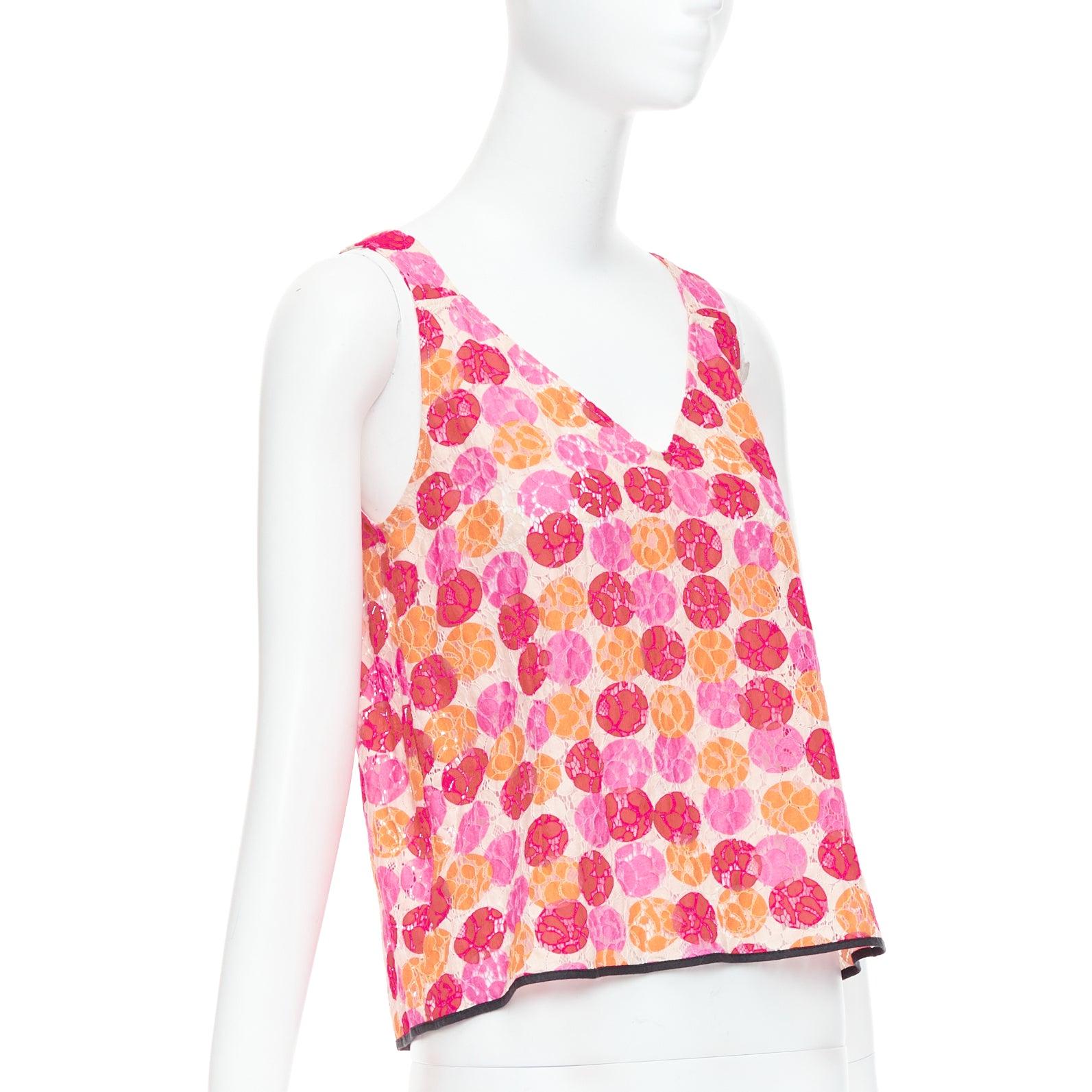 Pink MARNI 2012 pink orange dot print lace deep V neck tank top IT40 S For Sale