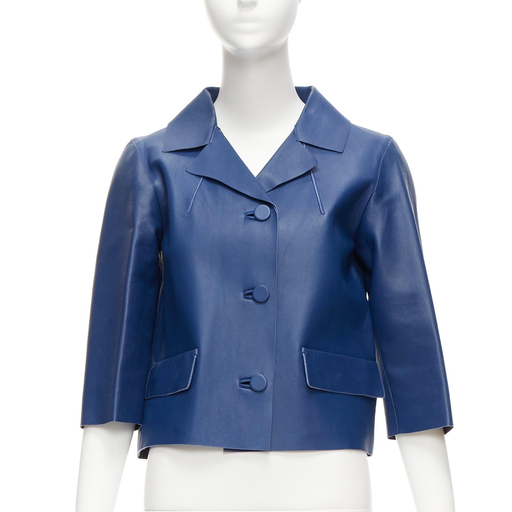 Blue MARNI 2013 blue lambskin leather shoulder darts pocketed cropped jacket IT36 XXS
