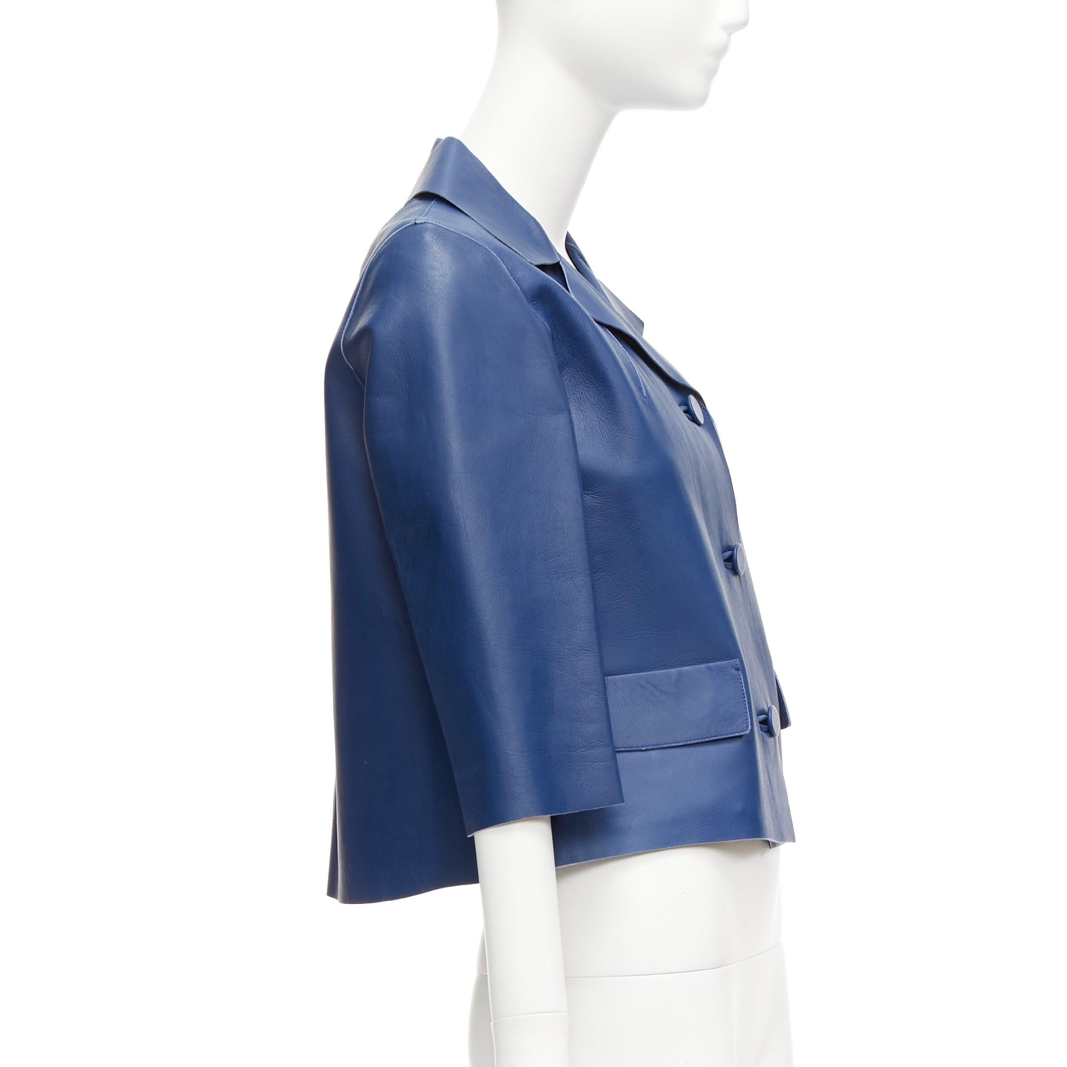 Women's MARNI 2013 blue lambskin leather shoulder darts pocketed cropped jacket IT36 XXS