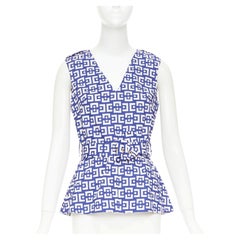 MARNI 2013 blue white cotton geometric print belted peplum V-neck top IT40 S