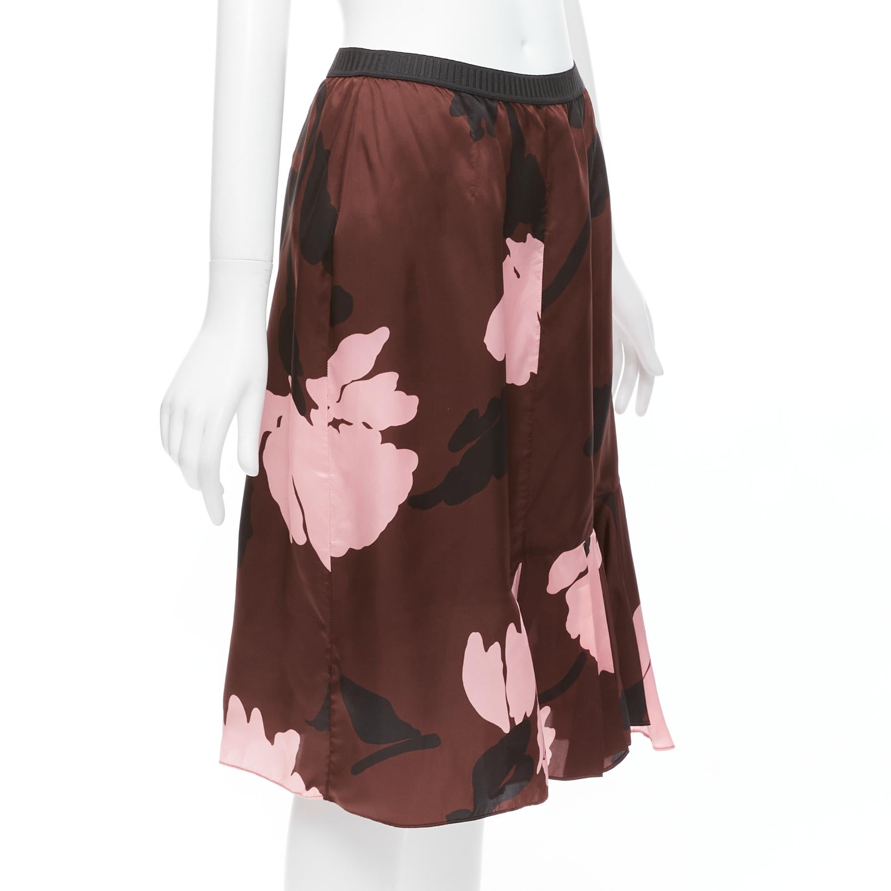 MARNI 2013 brown pink big floral print elastic waistband knee skirt IT40 S In Excellent Condition For Sale In Hong Kong, NT