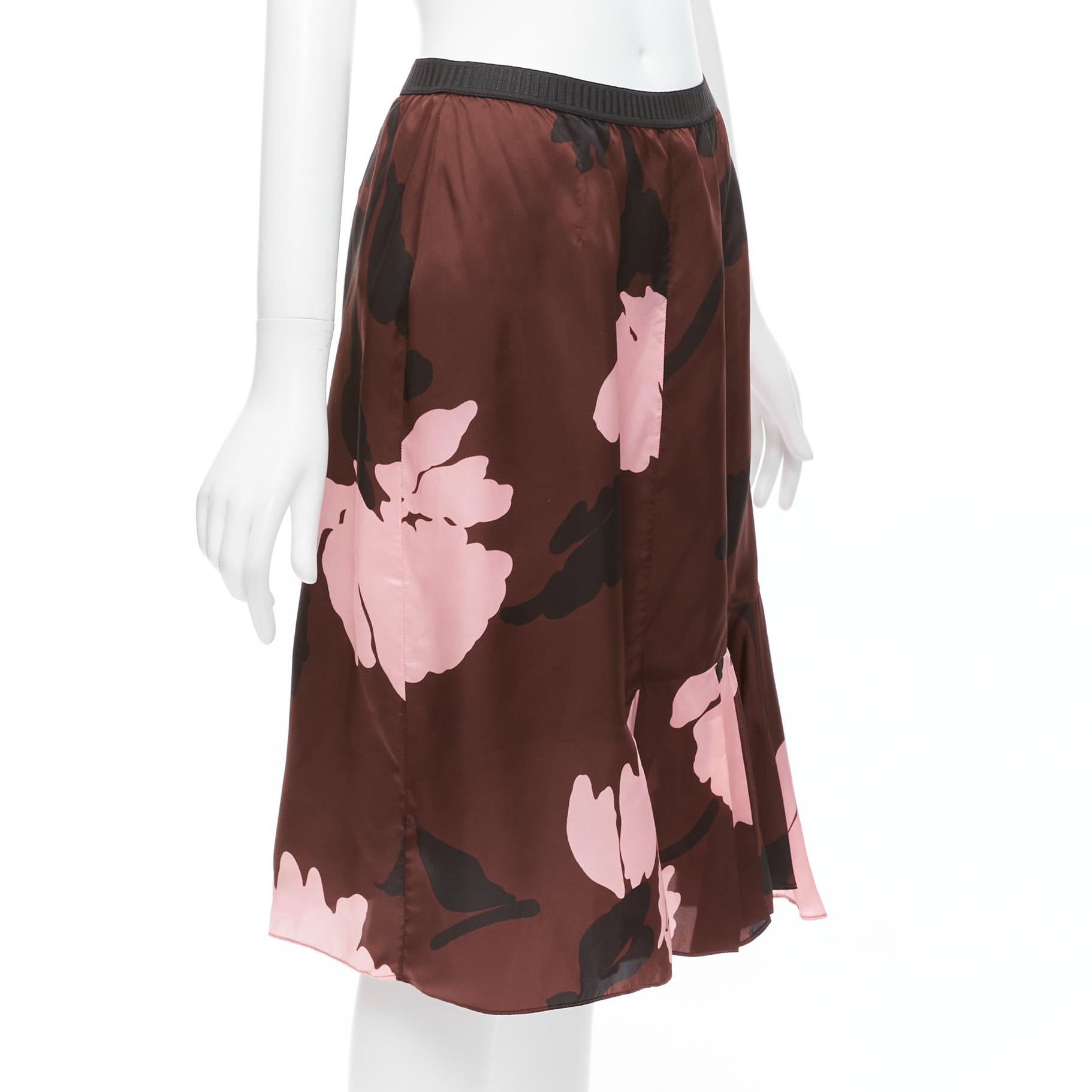 Black MARNI 2013 brown pink big floral print elastic waistband knee skirt IT40 S For Sale