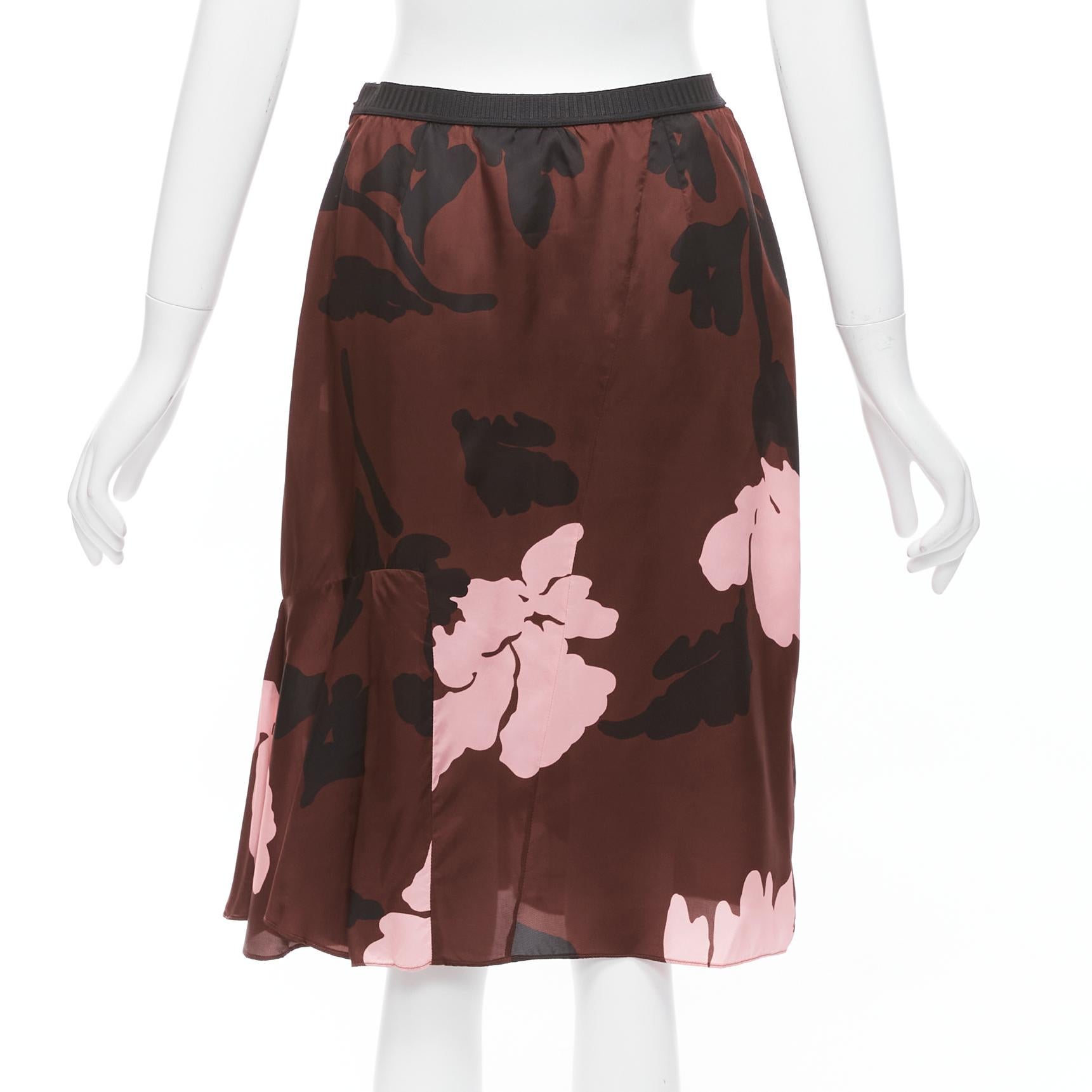 Women's MARNI 2013 brown pink big floral print elastic waistband knee skirt IT40 S For Sale