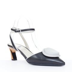 MARNI 2018 black leather oversized button piping block heel slingback pumps EU37