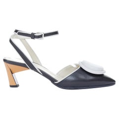 MARNI 2018 black leather oversized button piping block heel slingback pumps EU37