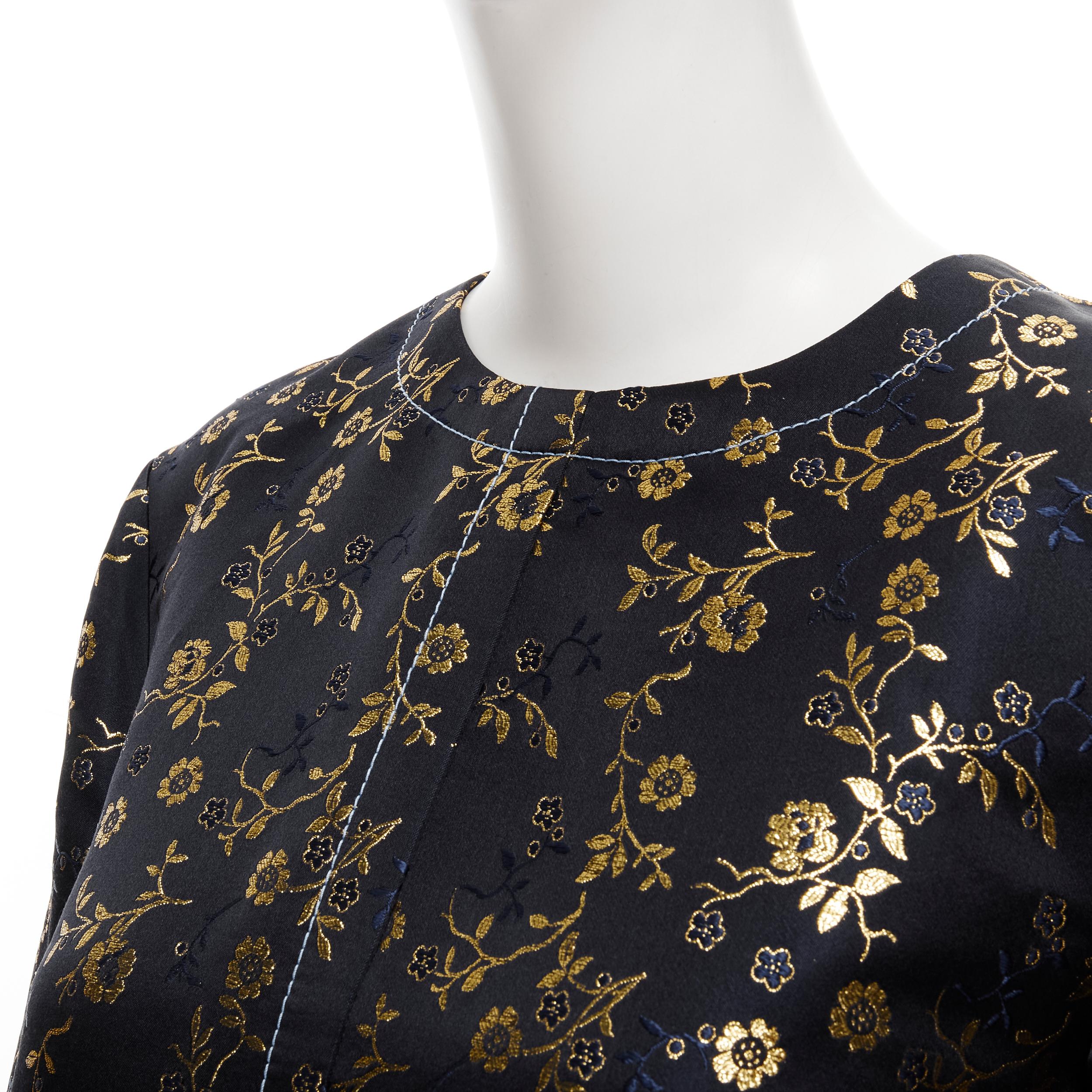 MARNI 2019 black gold blue floral jacquard cuffed sleeve trapeze dress IT40 S 
Reference: CELG/A00177 
Brand: Marni 
Collection: 2019 
Material: Viscose 
Color: Black 
Pattern: Floral 
Closure: Zip 
Extra Detail: Floral jacquard. Light blue