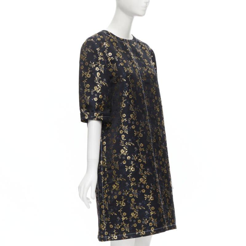Black MARNI 2019 black gold blue floral jacquard cuffed sleeve trapeze dress IT40 S For Sale