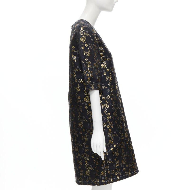 MARNI 2019 black gold blue floral jacquard cuffed sleeve trapeze dress IT40 S In Excellent Condition For Sale In Hong Kong, NT
