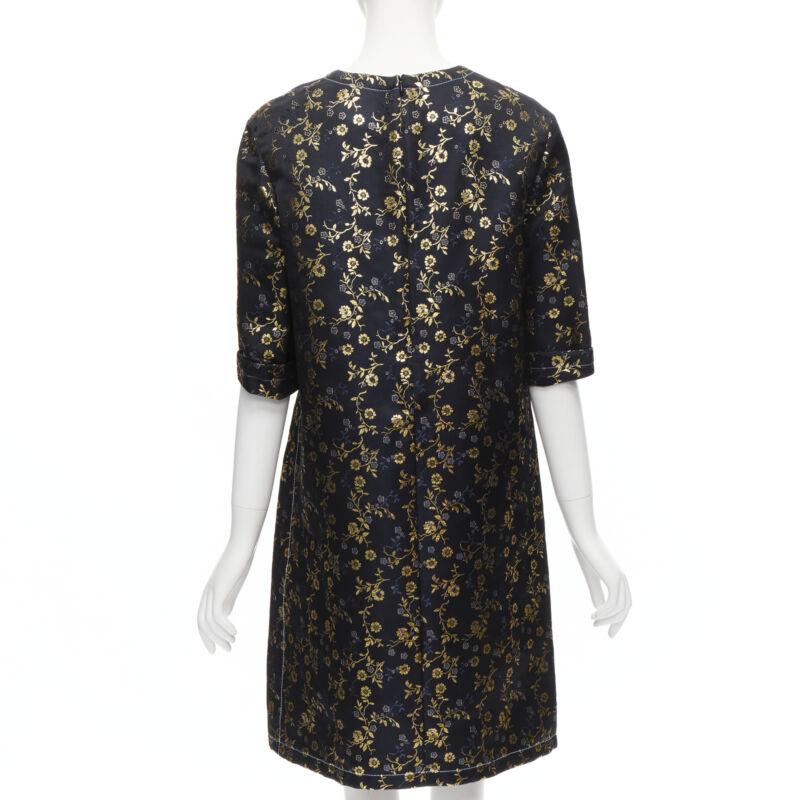 Women's MARNI 2019 black gold blue floral jacquard cuffed sleeve trapeze dress IT40 S For Sale