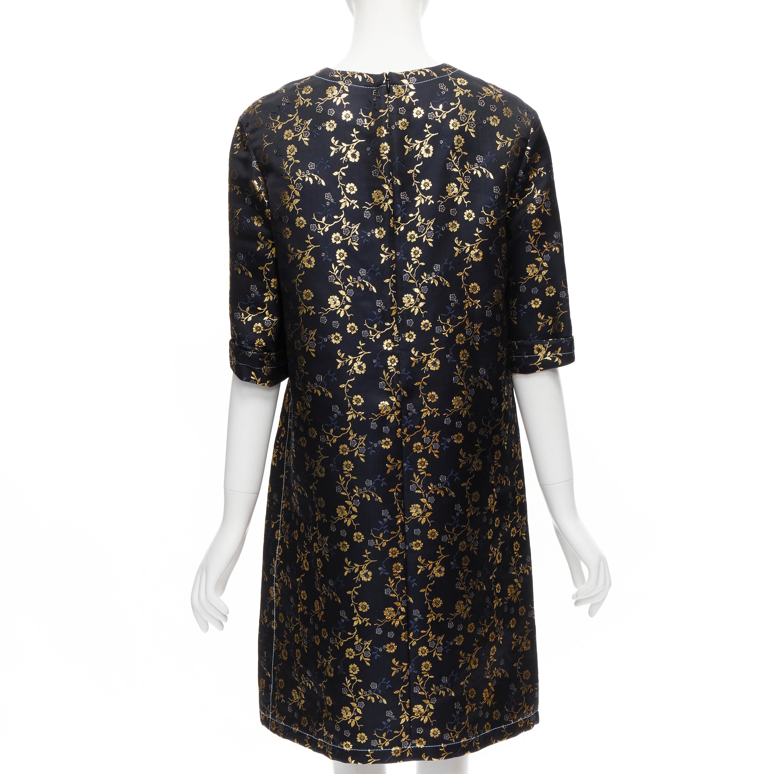 Black MARNI 2019 black gold blue floral jacquard cuffed sleeve trapeze dress IT40 S For Sale