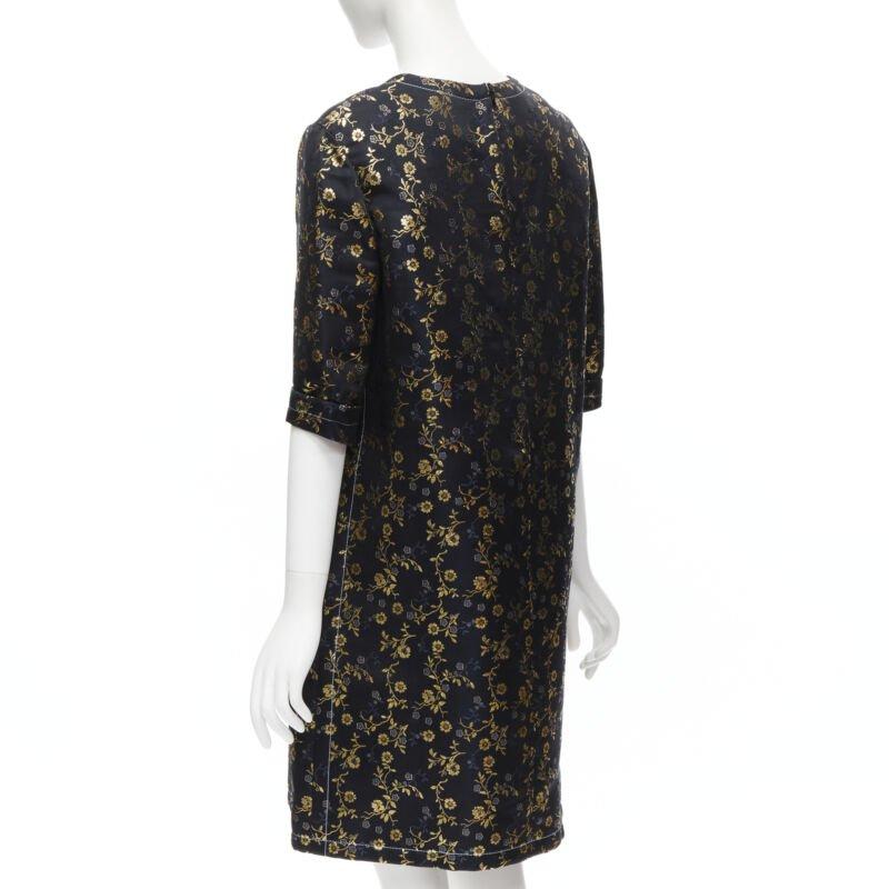 MARNI 2019 black gold blue floral jacquard cuffed sleeve trapeze dress IT40 S For Sale 1