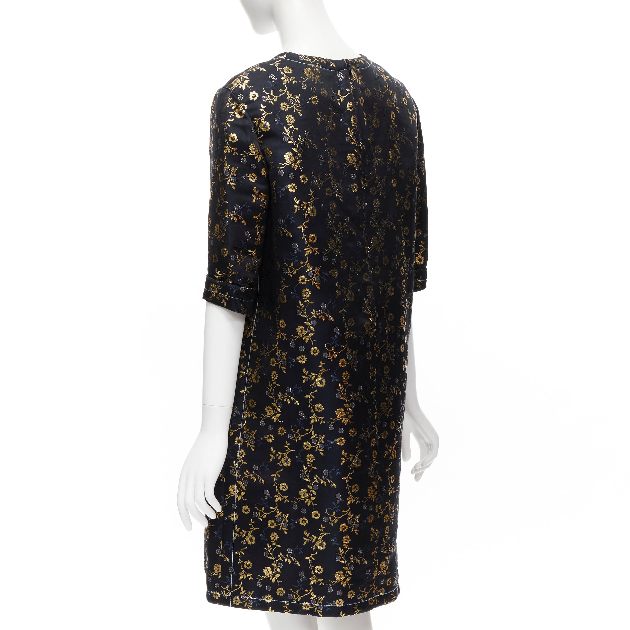 MARNI 2019 black gold blue floral jacquard cuffed sleeve trapeze dress IT40 S In Excellent Condition For Sale In Hong Kong, NT