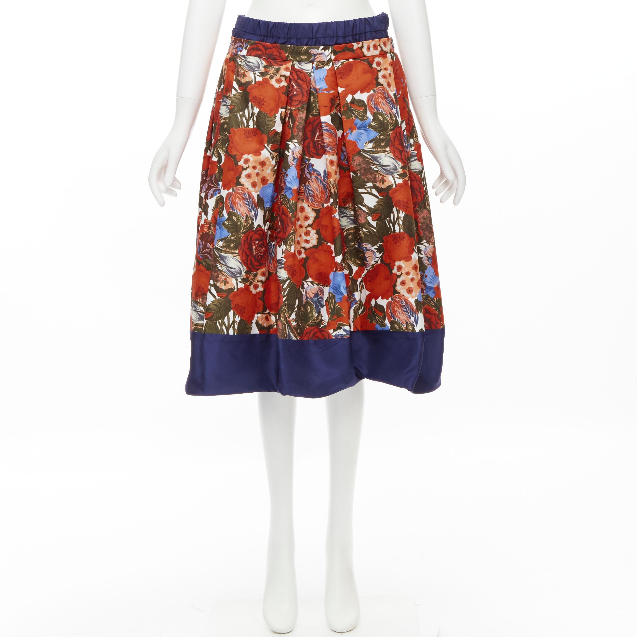 MARNI 2019 navy silk red rose floral print cotton flared skirt IT40 S For Sale 6