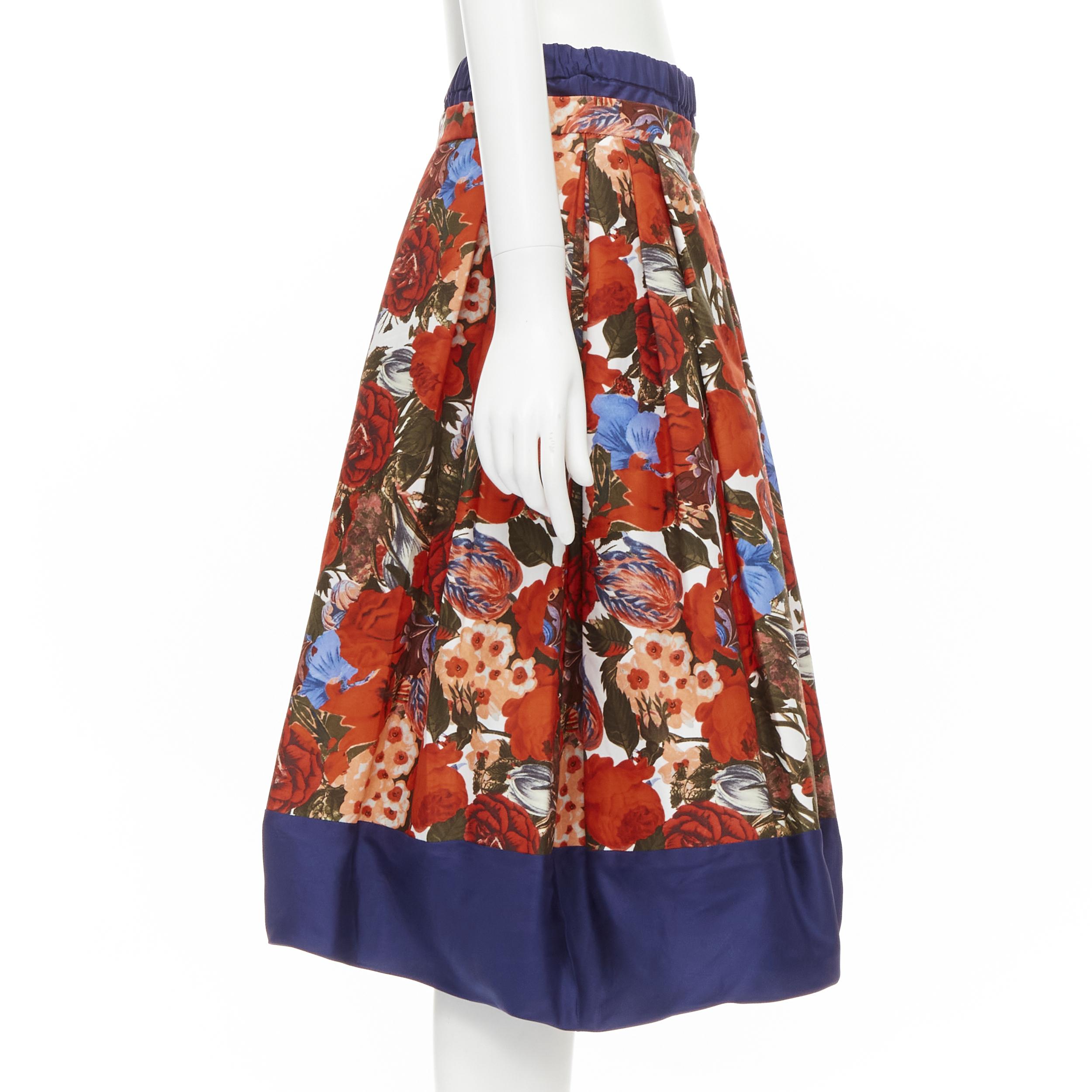 Brown MARNI 2019 navy silk red rose floral print cotton flared skirt IT40 S For Sale