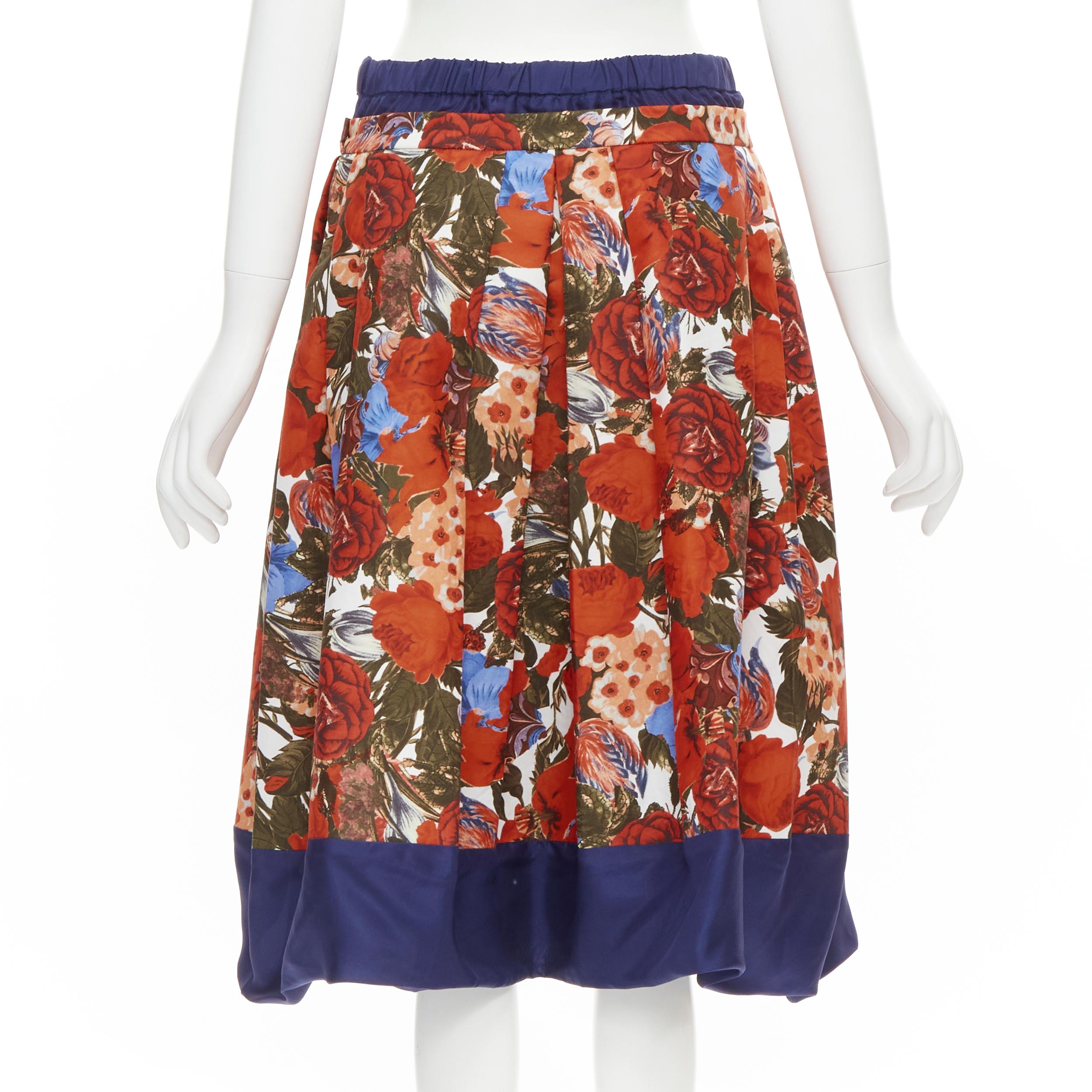 MARNI 2019 navy silk red rose floral print cotton flared skirt IT40 S In Excellent Condition For Sale In Hong Kong, NT