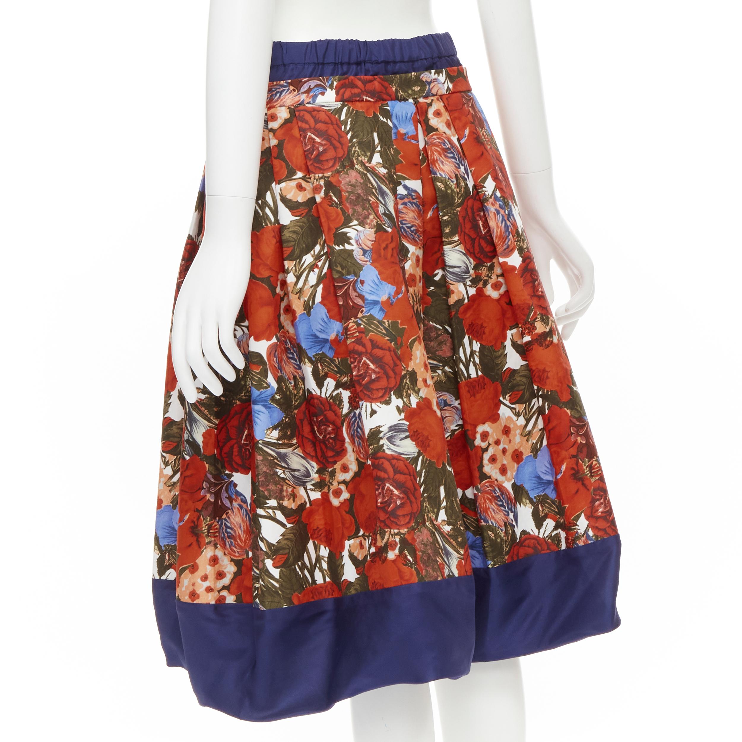 Women's MARNI 2019 navy silk red rose floral print cotton flared skirt IT40 S For Sale