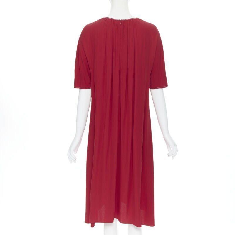 Women's MARNI 2019 red viscose crepe white overstitched pleated casual dress IT38 For Sale