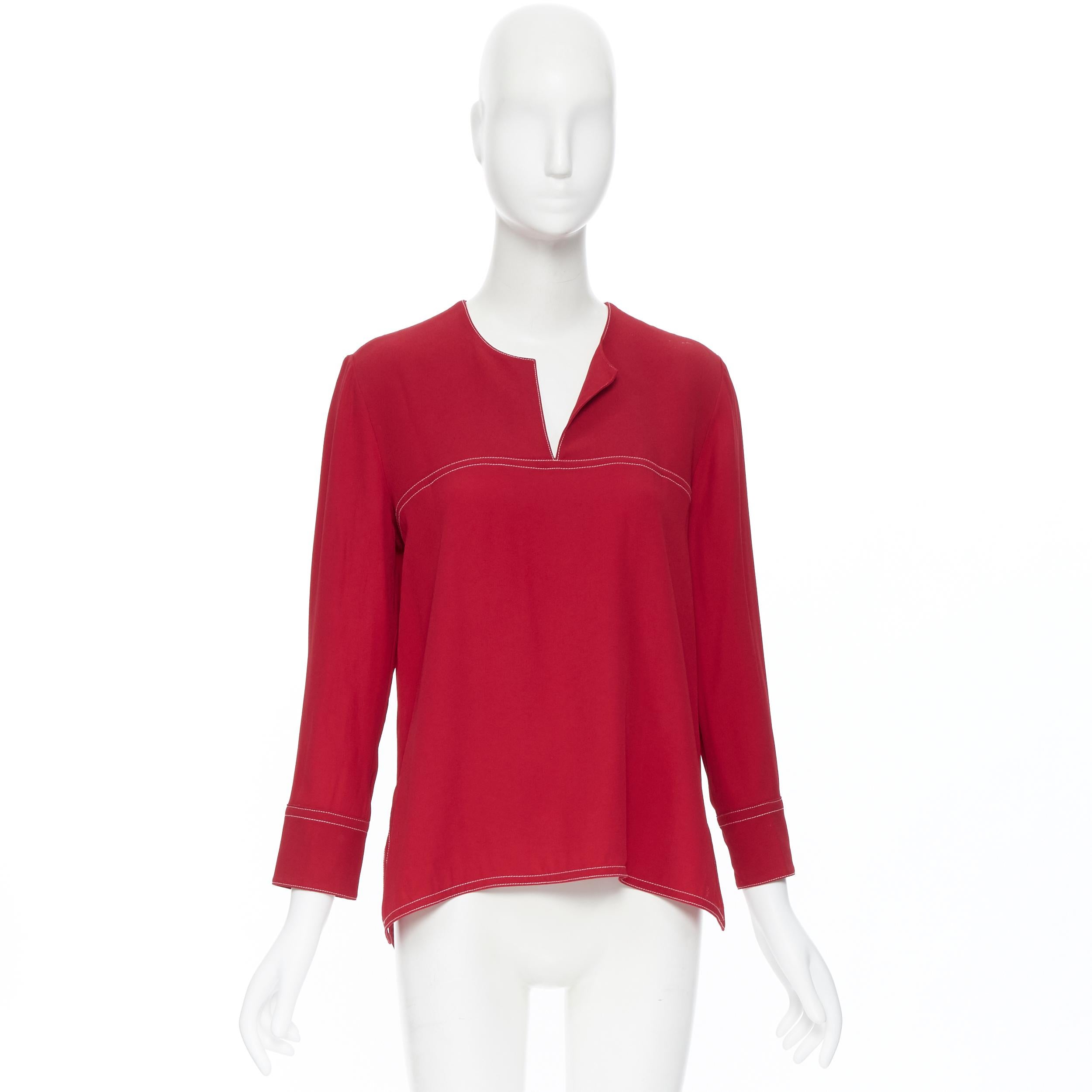 Red MARNI 2019 viscose acetate red white overstitched V-neck blouse top IT42 M