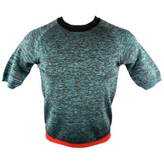 MARNI 38 Blue & Charcoal Metallic Wool Blend Crew-Neck Short Sleeve Pullover