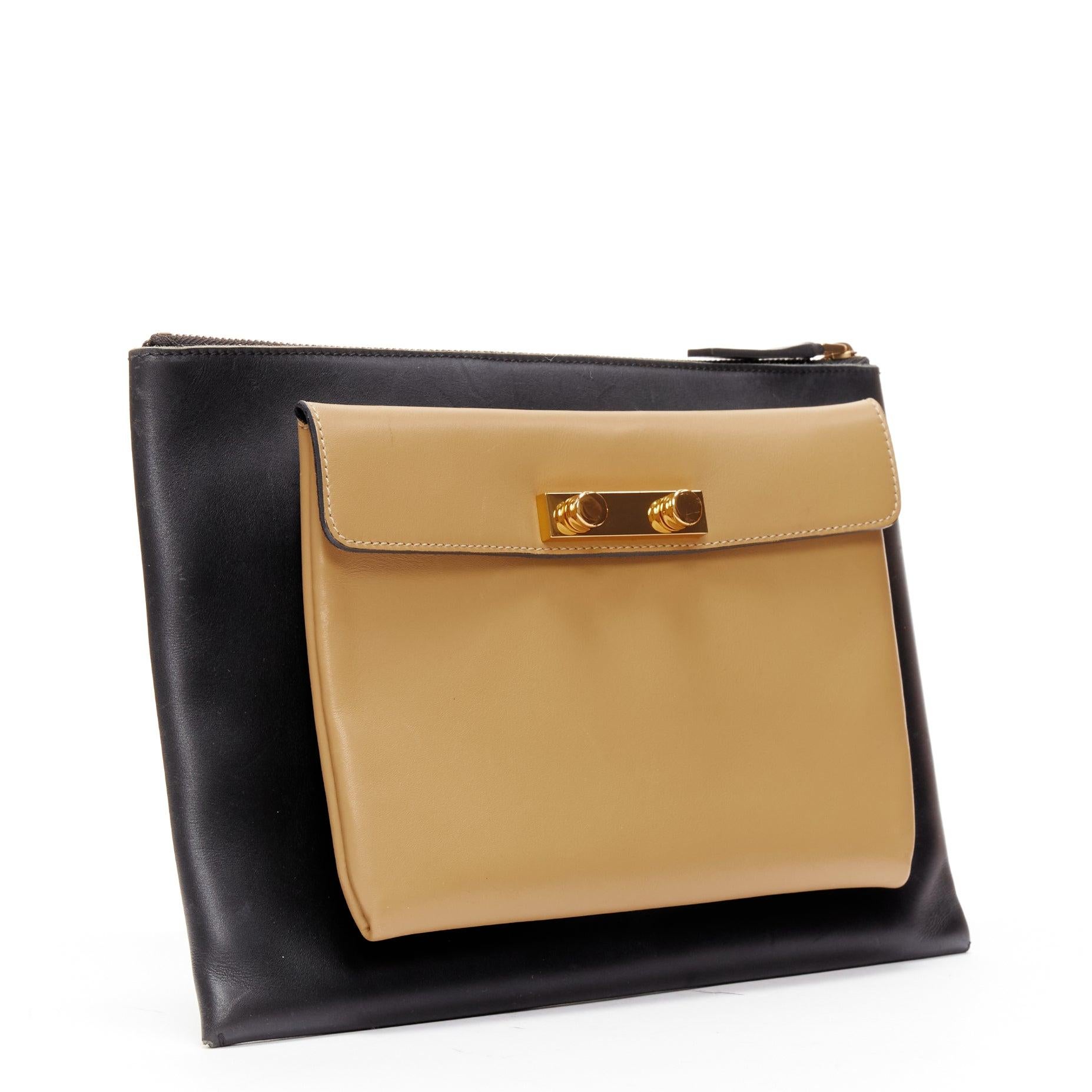 MARNI beige black smooth leather gold stud buckle dual oversized zip clutch bag In Fair Condition For Sale In Hong Kong, NT
