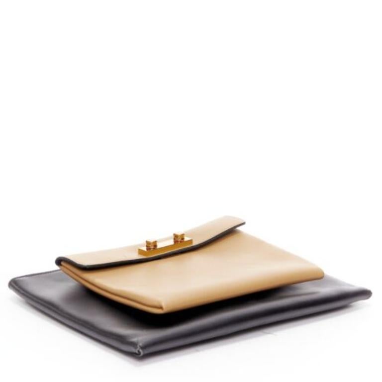 Women's MARNI beige black smooth leather gold stud buckle dual oversized zip clutch bag For Sale