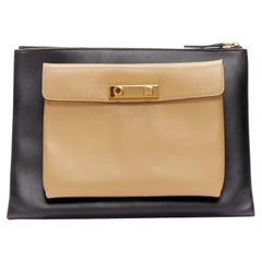 MARNI beige black smooth leather gold stud buckle dual oversized zip clutch bag