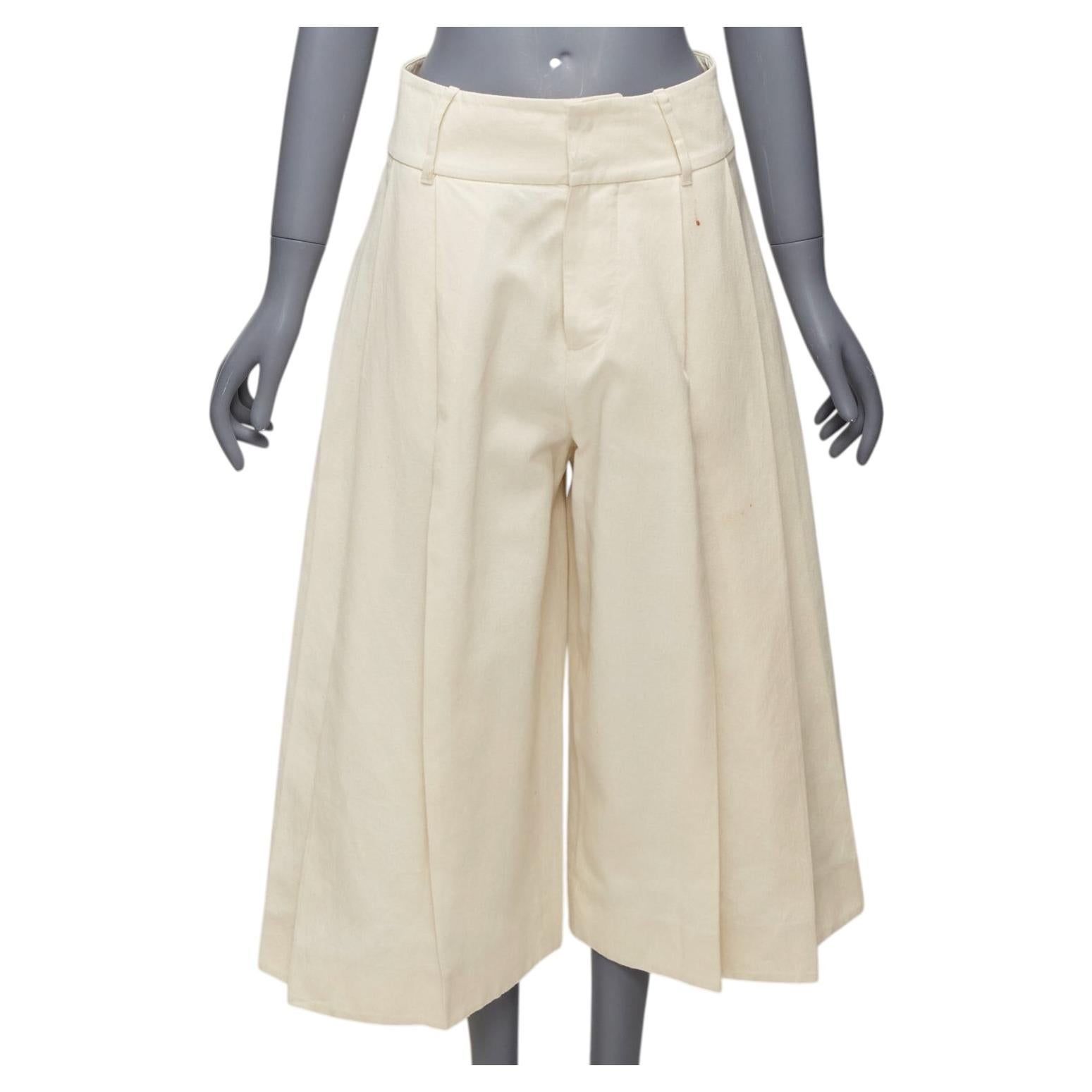 MARNI Pantalones culotte beige de algodón y lino con cintura media y pernera ancha plisada IT38 XS