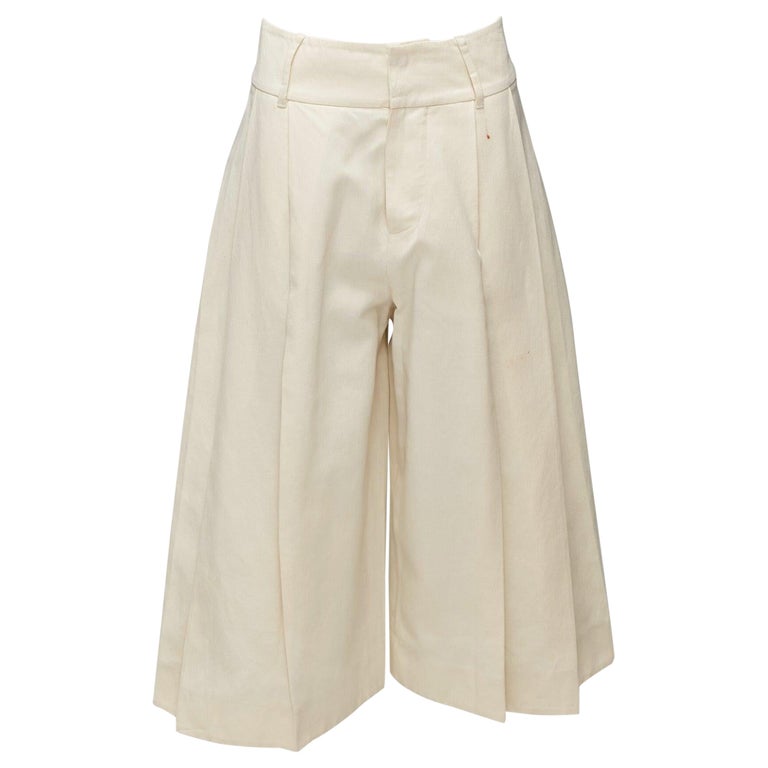 MARNI Pantalones culotte beige de algodón y lino con cintura media