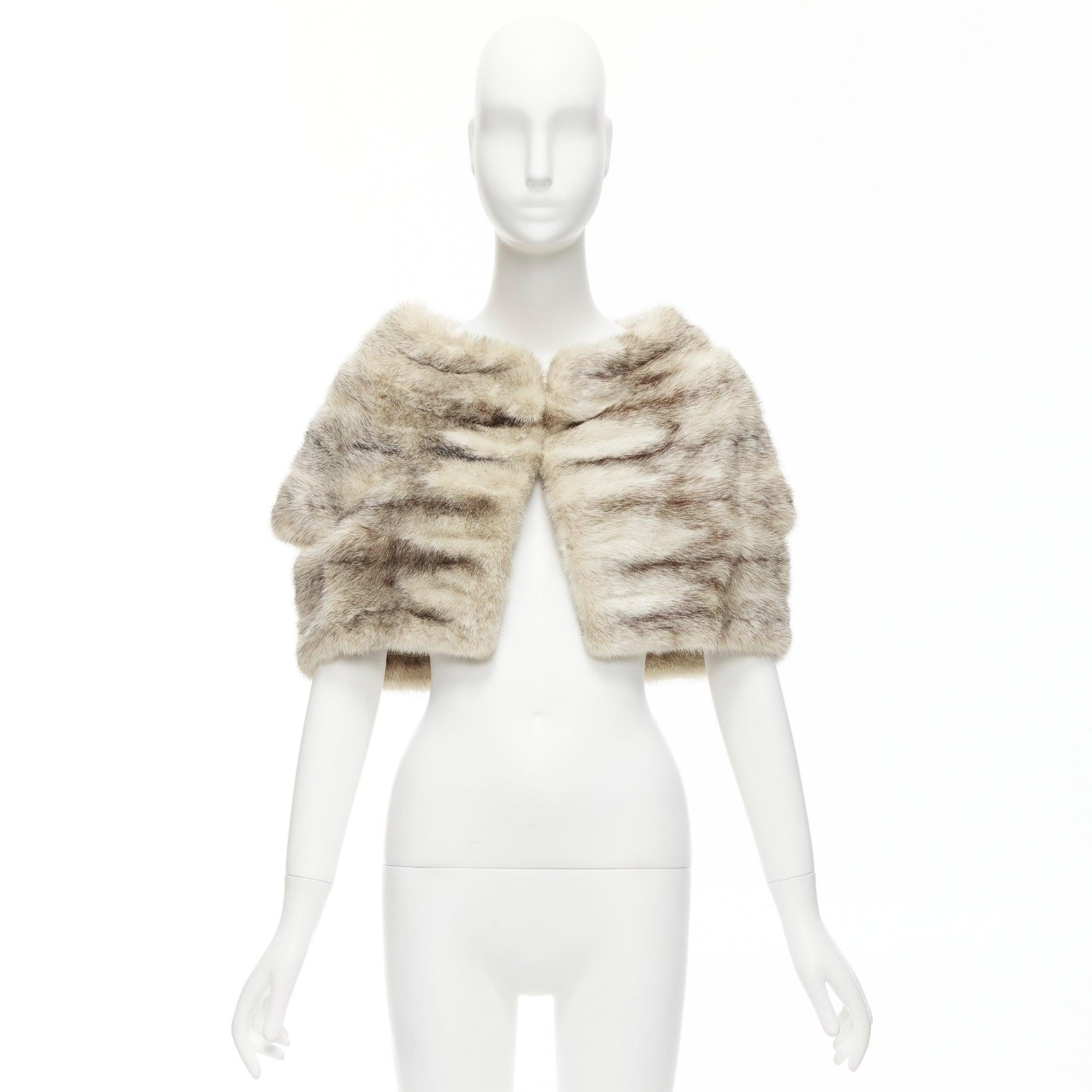 MARNI beige genuine fur striped colouring shawl bolero crop jacket IT40 For Sale 4
