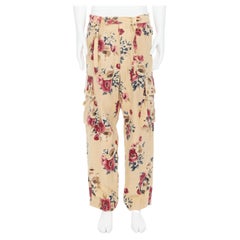 marni fuzzy pants MARNI beige linen red rose floral print cargo pocket wide leg trousers IT48 M